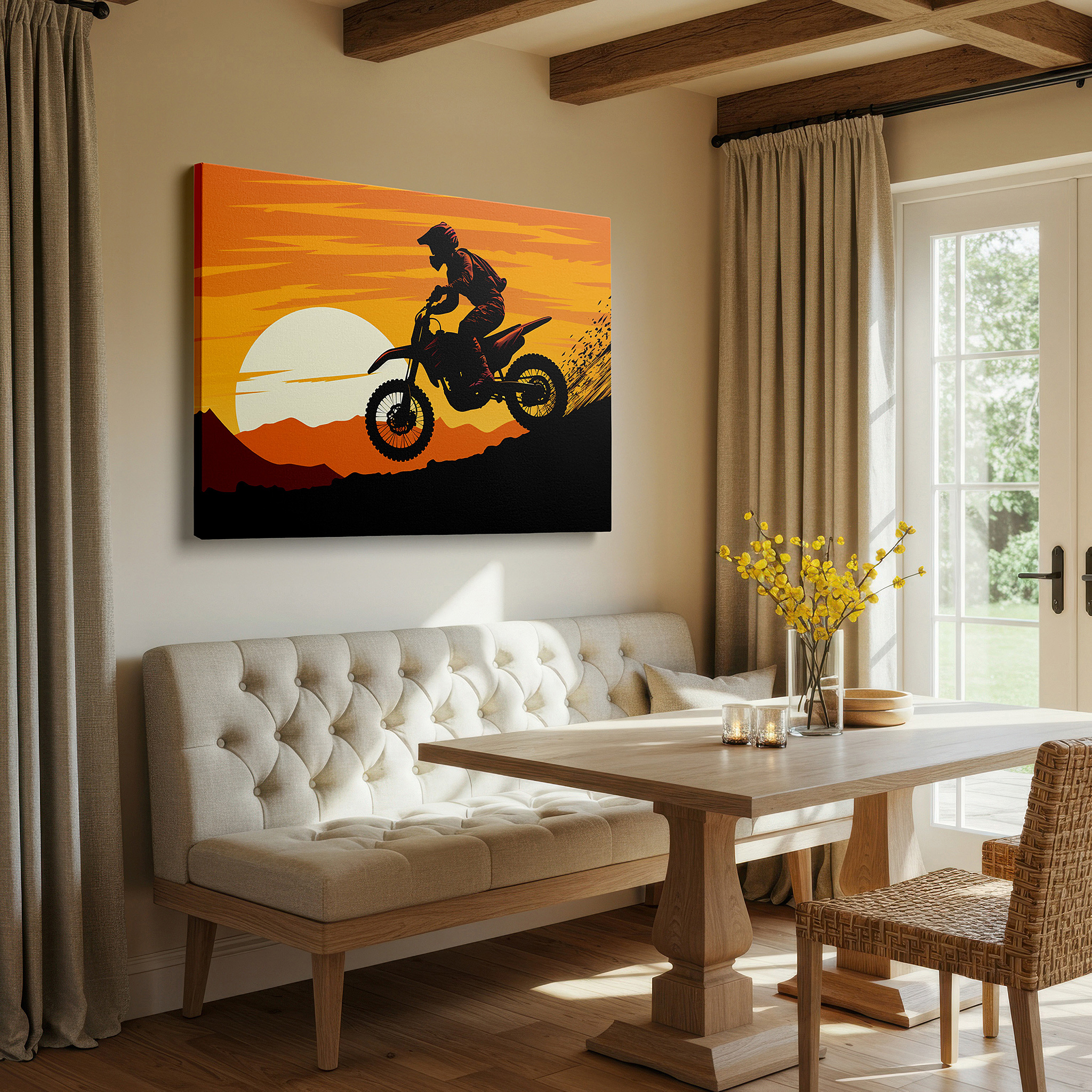 Close-up shows rich pigment, color blending, and brushwork texture — motorcycle rider climbing towards a bright sunset, representing liberty and exploration, large canvas wall art for home and office decor