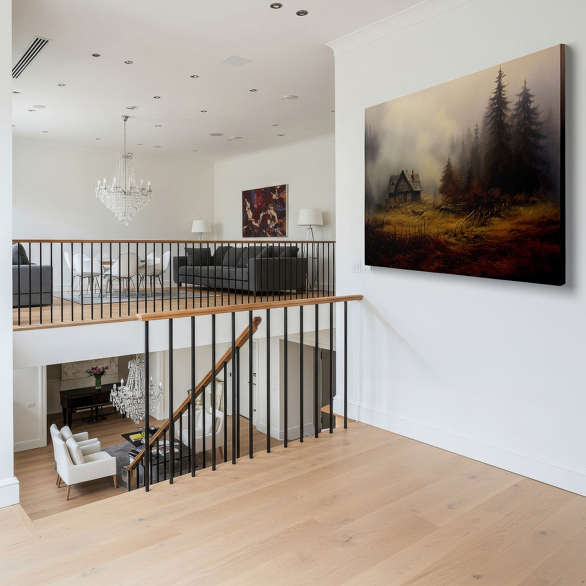 Close-up shows rich pigment, color blending, and brushwork texture — mystical dwelling surrounded by mist and woods: a timeless tale of nature's reclamation - large wall art, canvas wall art, wall decor for office