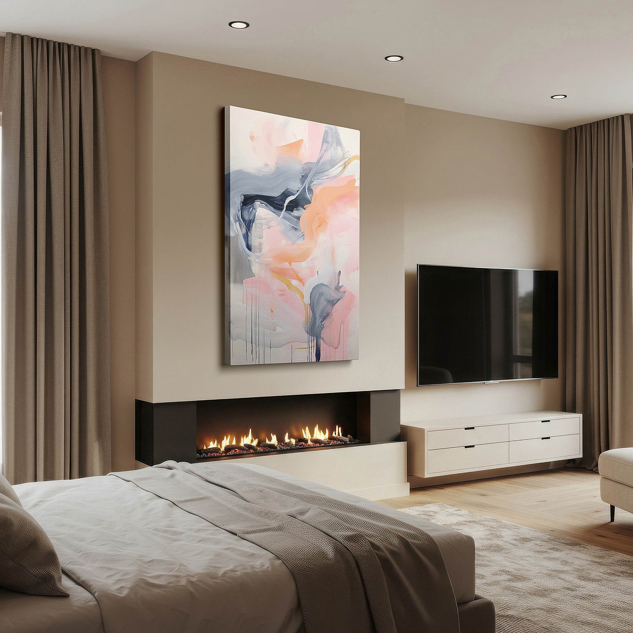 Close-up shows rich pigment, color blending, and brushwork texture — pastel serenity symphony: dreamy pinks, blues, and grays - calming and inspiring large wall art, canvas decor for office walls
