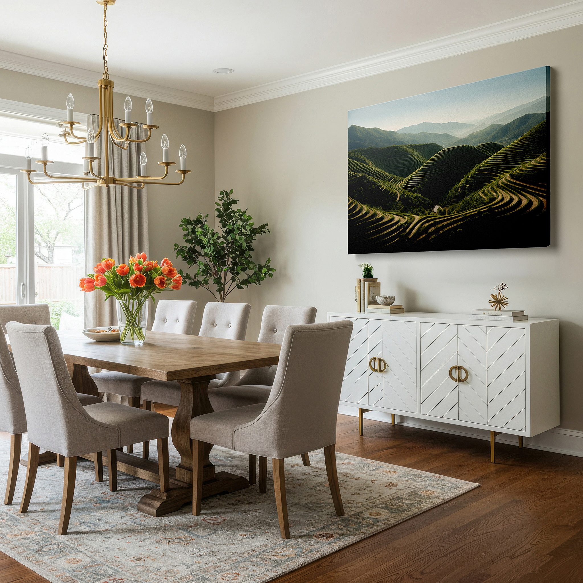 Close-up shows rich pigment, color blending, and brushwork texture — seamless fusion of human creativity and nature's beauty in rice terrace mastery: large wall art, canvas wall art, wall decor for office and bedroom