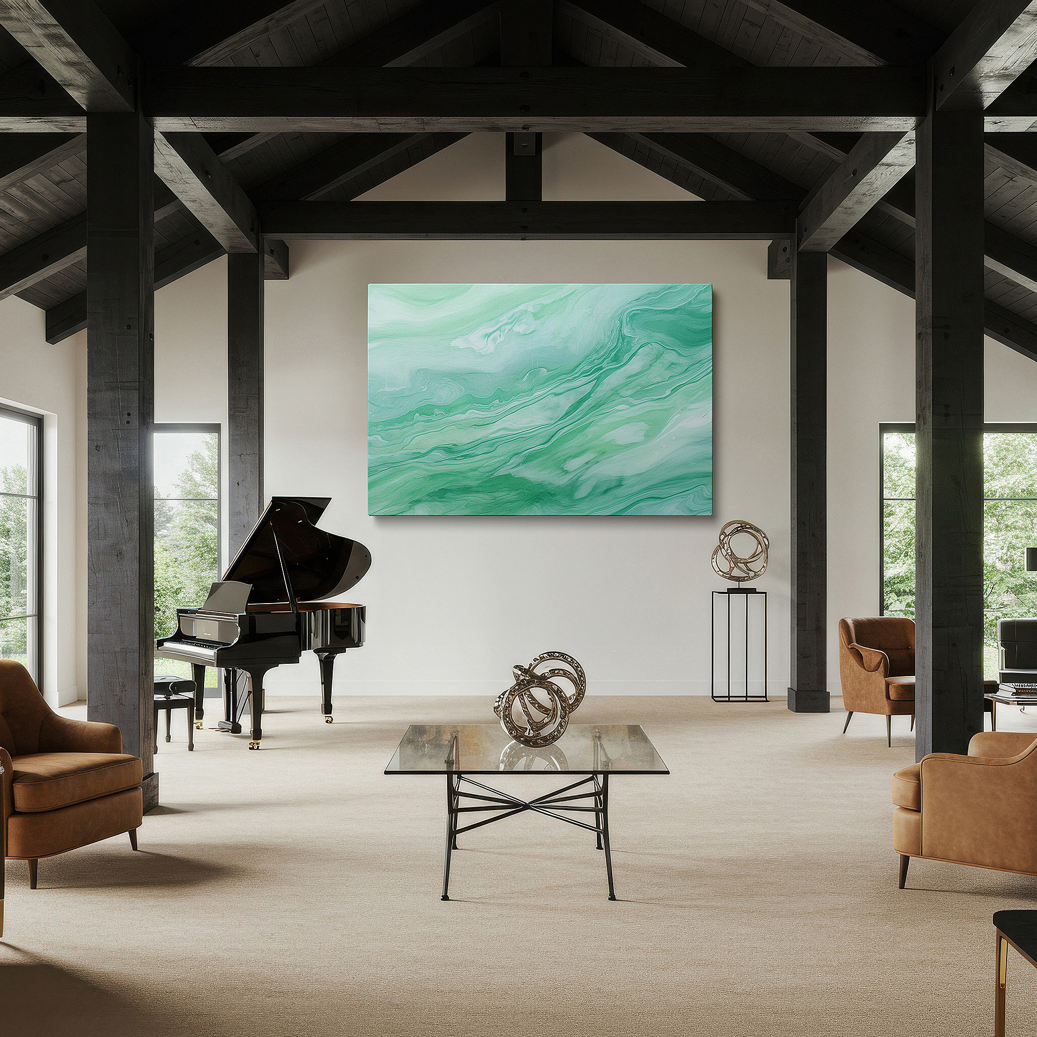 Close-up shows rich pigment, color blending, and brushwork texture — a serene array of greens: abstract expressionism in large wall art, canvas wall art, wall decor for offices