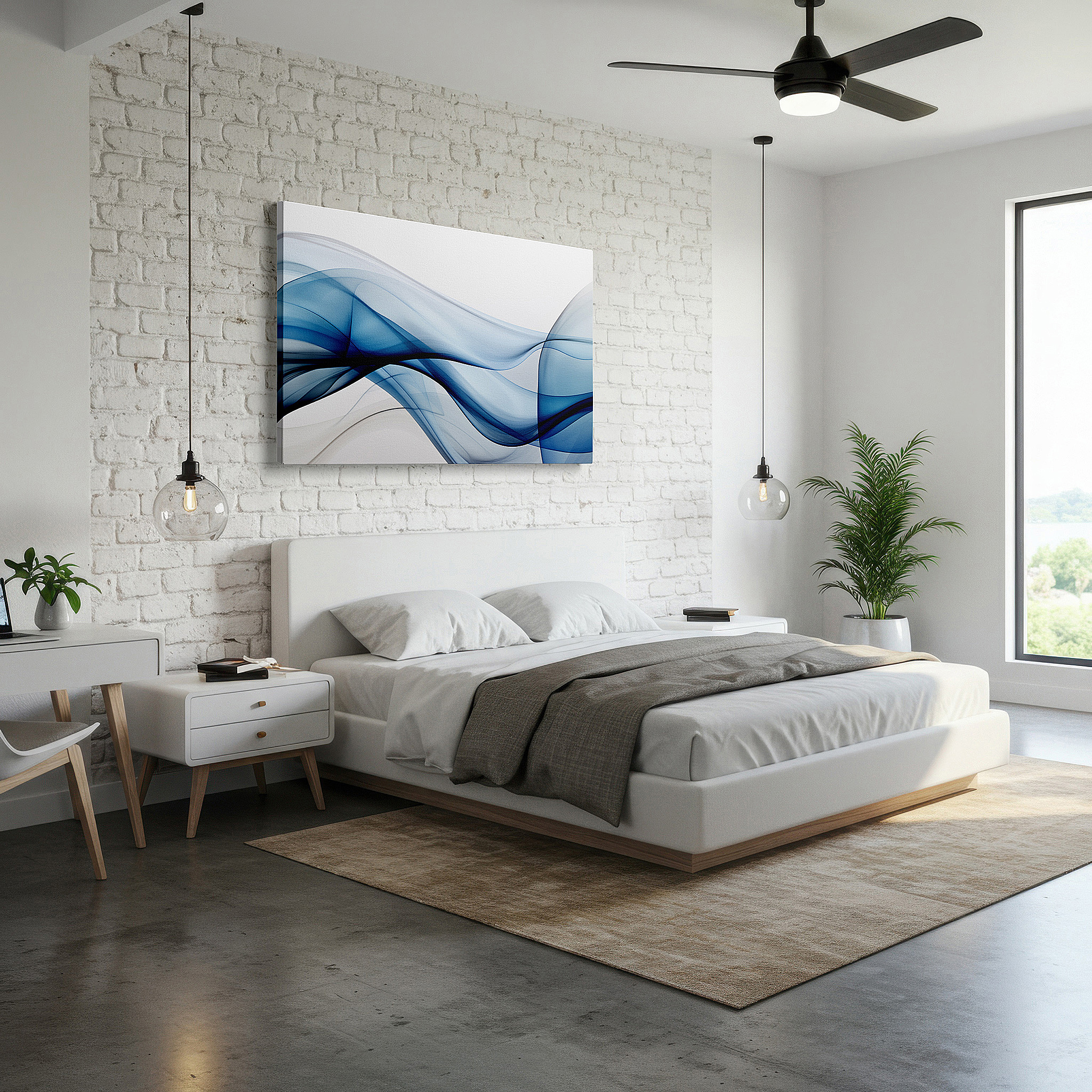 Close-up shows rich pigment, color blending, and brushwork texture — serene blue waves: abstract expression in large canvas wall art for office decor