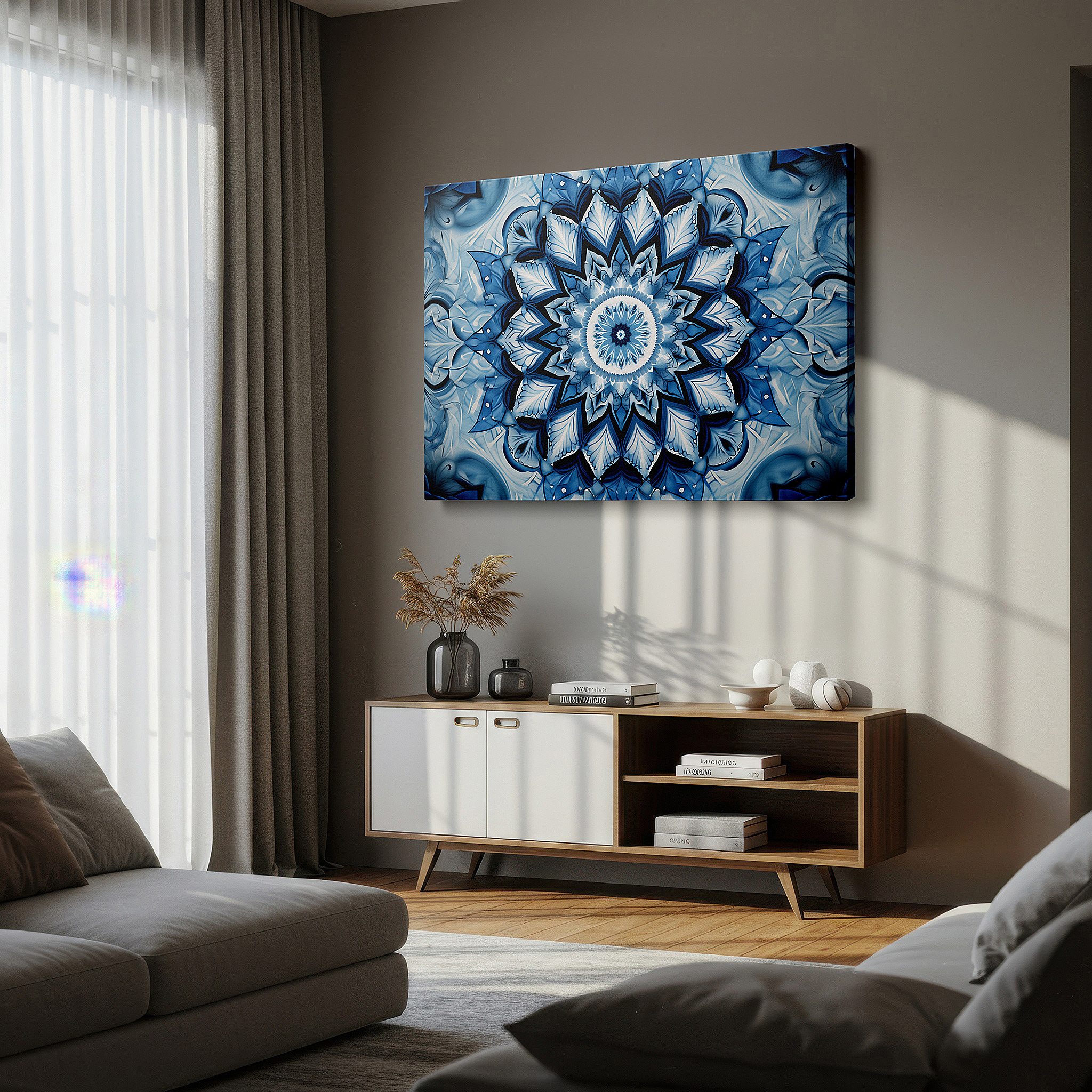 Close-up shows rich pigment, color blending, and brushwork texture — serene blue and white mandala wall art for meditation and reflection - large canvas decor for office, bedroom, and living spaces