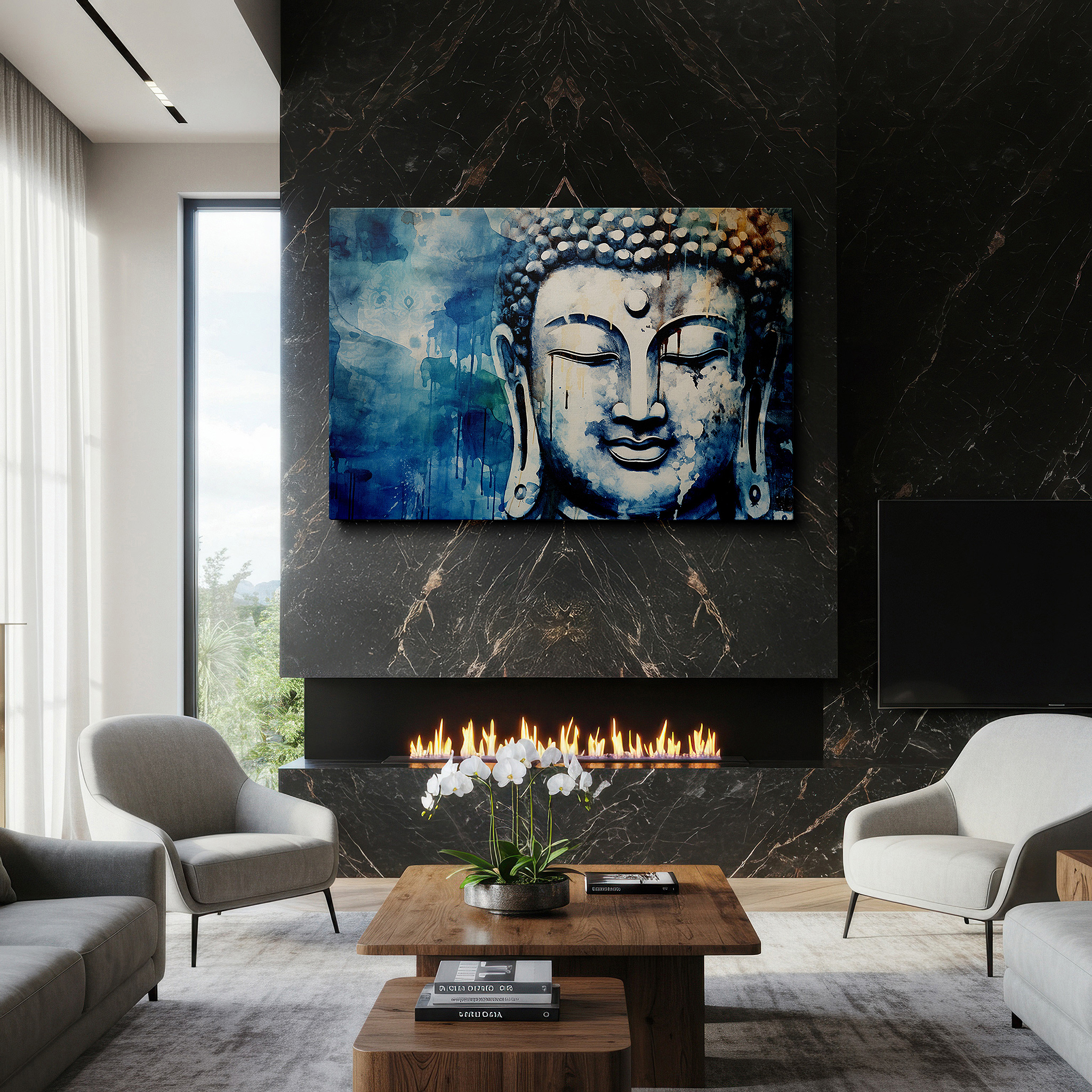 Close-up shows rich pigment, color blending, and brushwork texture — serene buddha portrait in calming blue: a tranquil and mystical display of spiritual depth - large canvas wall art for home and office decor