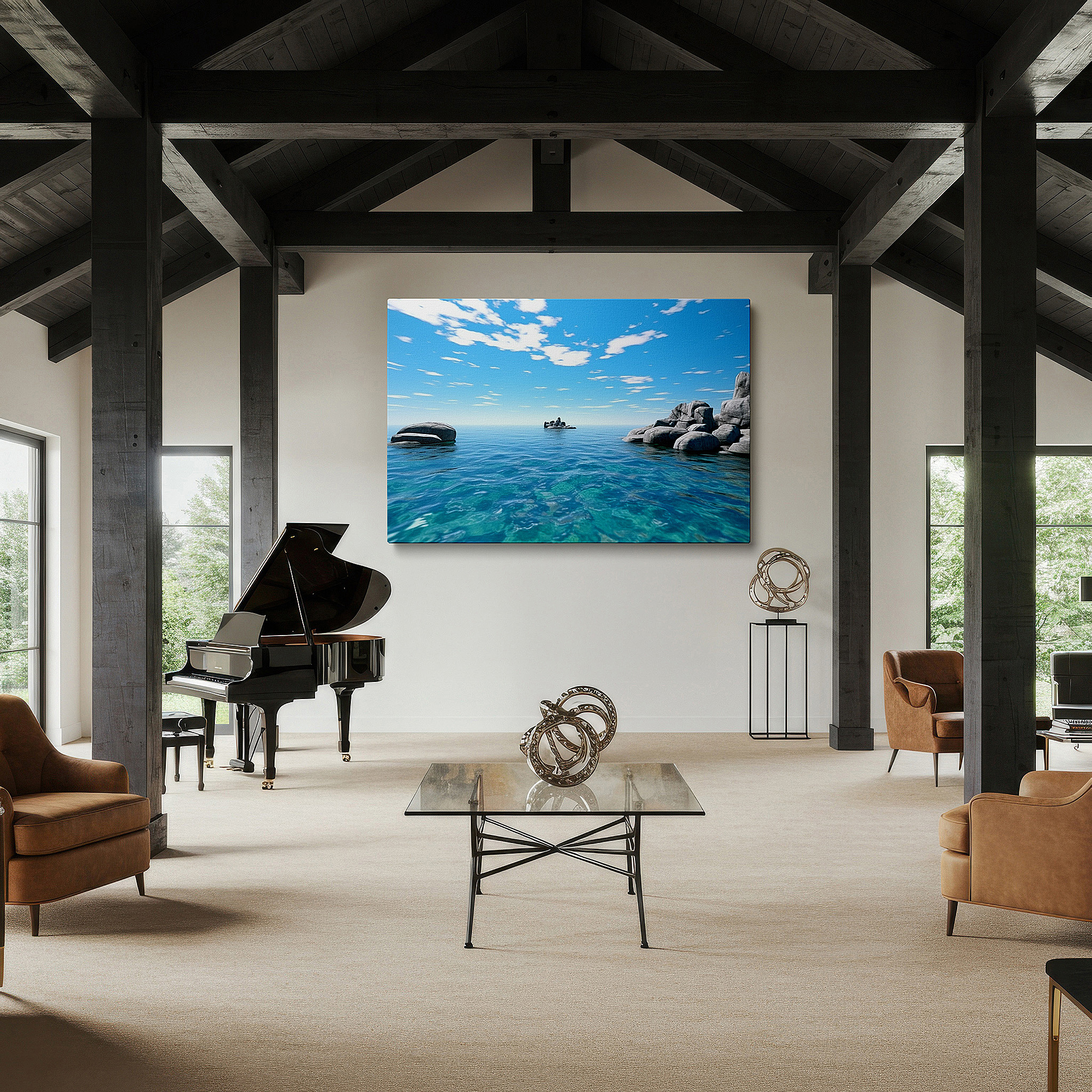 Close-up shows rich pigment, color blending, and brushwork texture — serene ocean view with clear waters and rugged coastlines - oversized wall art for living room, bedroom, or office