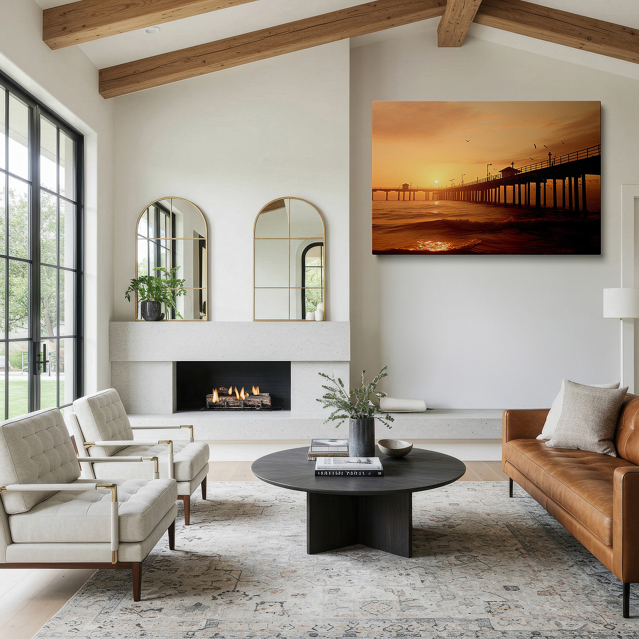 Close-up shows rich pigment, color blending, and brushwork texture — serene sunset at the fishing pier: large canvas wall art featuring warm hues and coastal calm, ideal for home or office decor