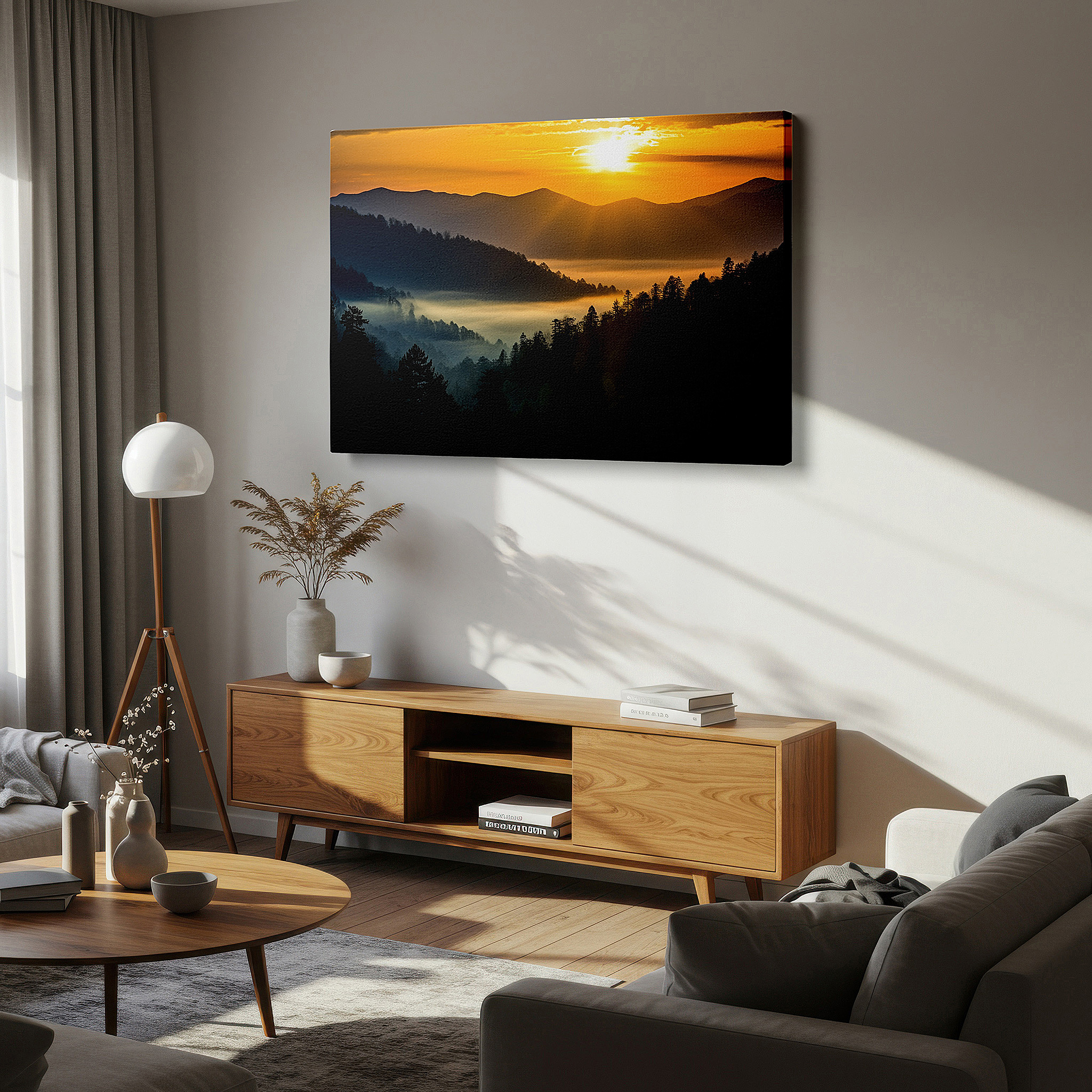Close-up shows rich pigment, color blending, and brushwork texture — serene sunset and misty mountains wall art: tranquil wilderness large canvas for home and office decor, perfect for living room and bedroom