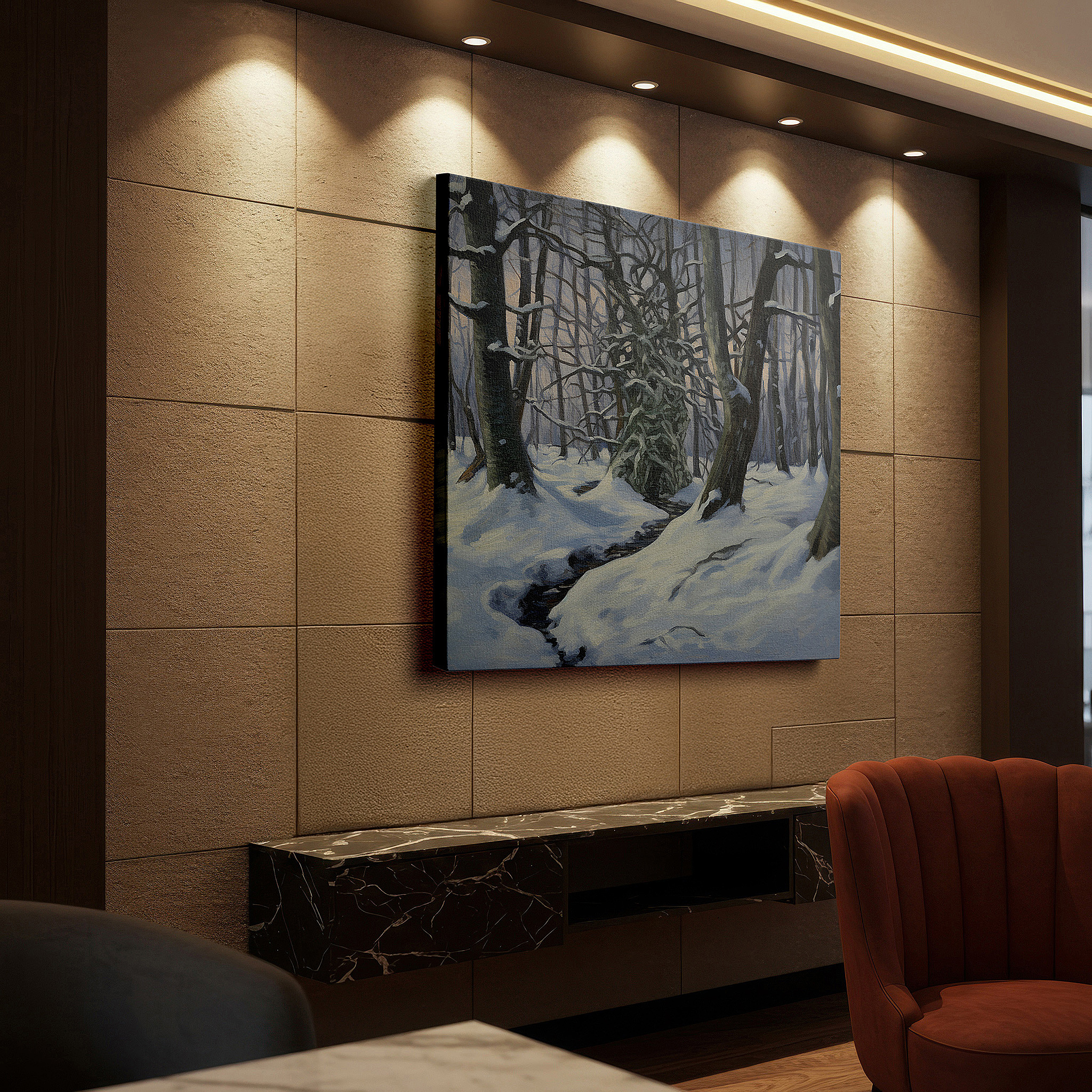 Close-up shows rich pigment, color blending, and brushwork texture — serene winter forest path - tranquil snowy woods large wall art, canvas wall art, wall decor for office