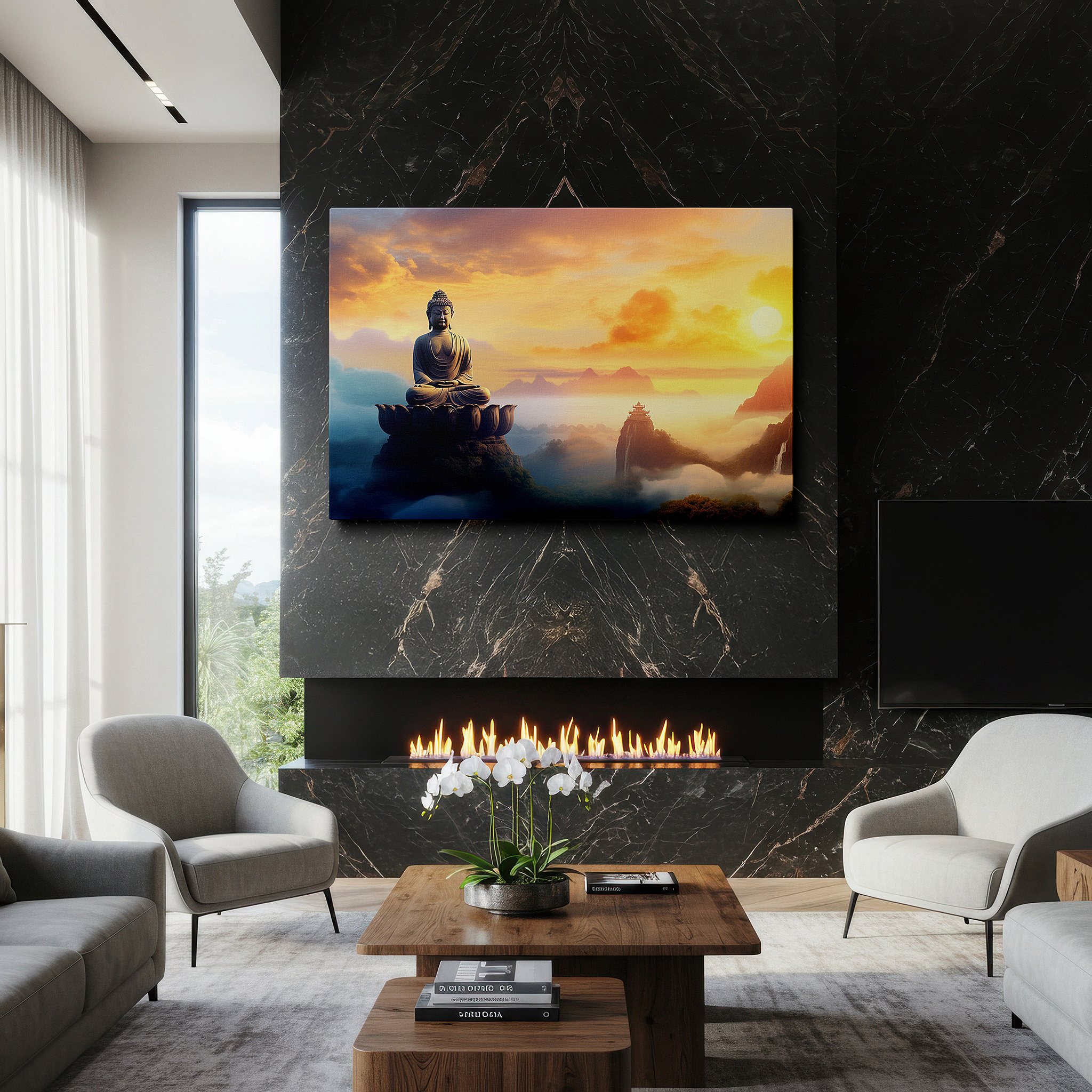 Close-up shows rich pigment, color blending, and brushwork texture — serenity and majesty - buddha at dawn amidst misty mountains: large canvas wall art for office, bedroom, and living room decor