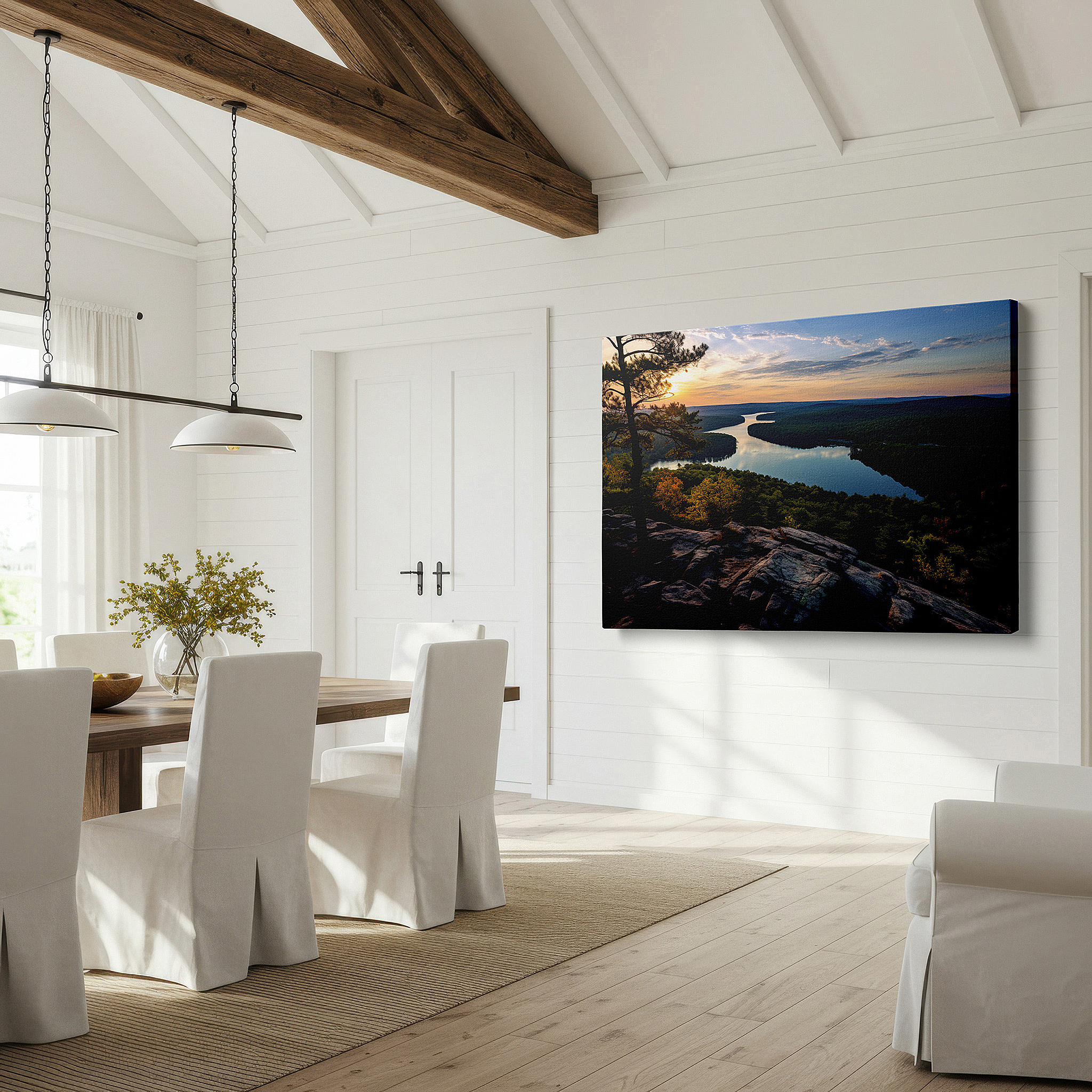 Close-up shows rich pigment, color blending, and brushwork texture — serpentine river sunset, surrounded by dense forests and bright skies, large canvas wall art for office and bedroom decor
