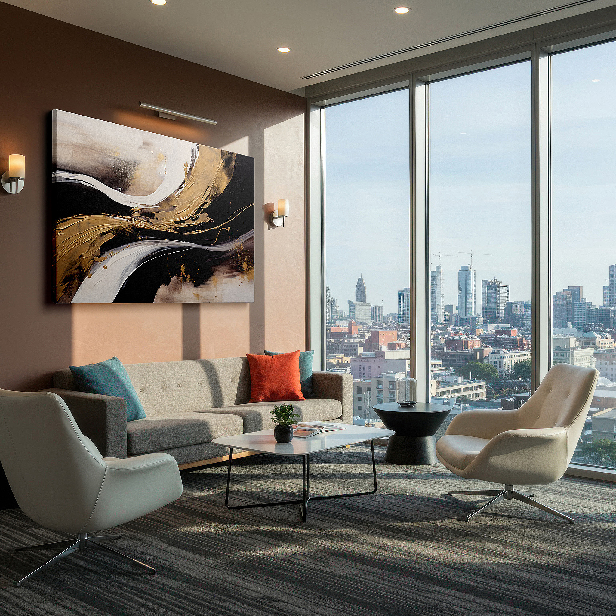 Close-up shows rich pigment, color blending, and brushwork texture — sophisticated abstract dance in black, white, and gold accents - large canvas wall art for office, bedroom, and living room decor