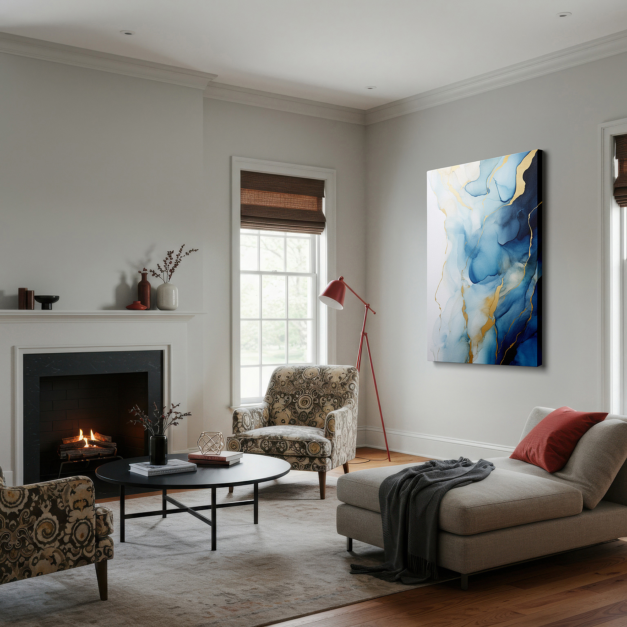 Close-up shows rich pigment, color blending, and brushwork texture — sophisticated symphony of tranquil blues and golden hues: large wall art, canvas wall art, wall art decor, office wall art