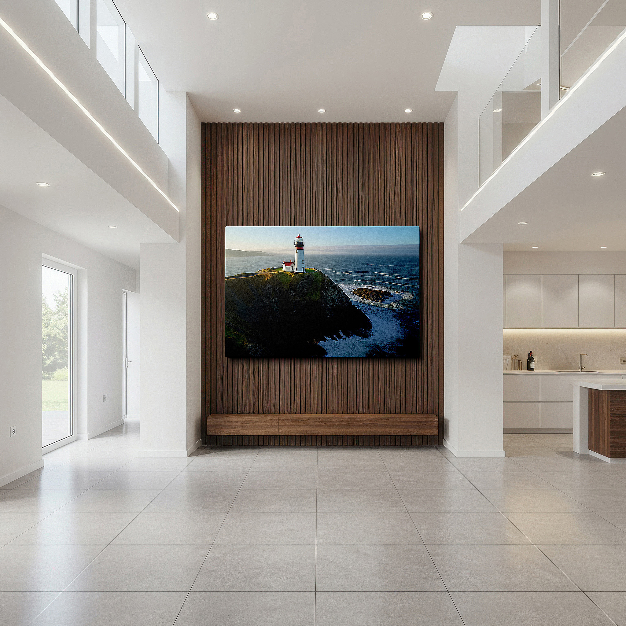 Close-up shows rich pigment, color blending, and brushwork texture — stormy seas and majestic lighthouse: a symbol of hope and resilience - large canvas wall art for home and office decor