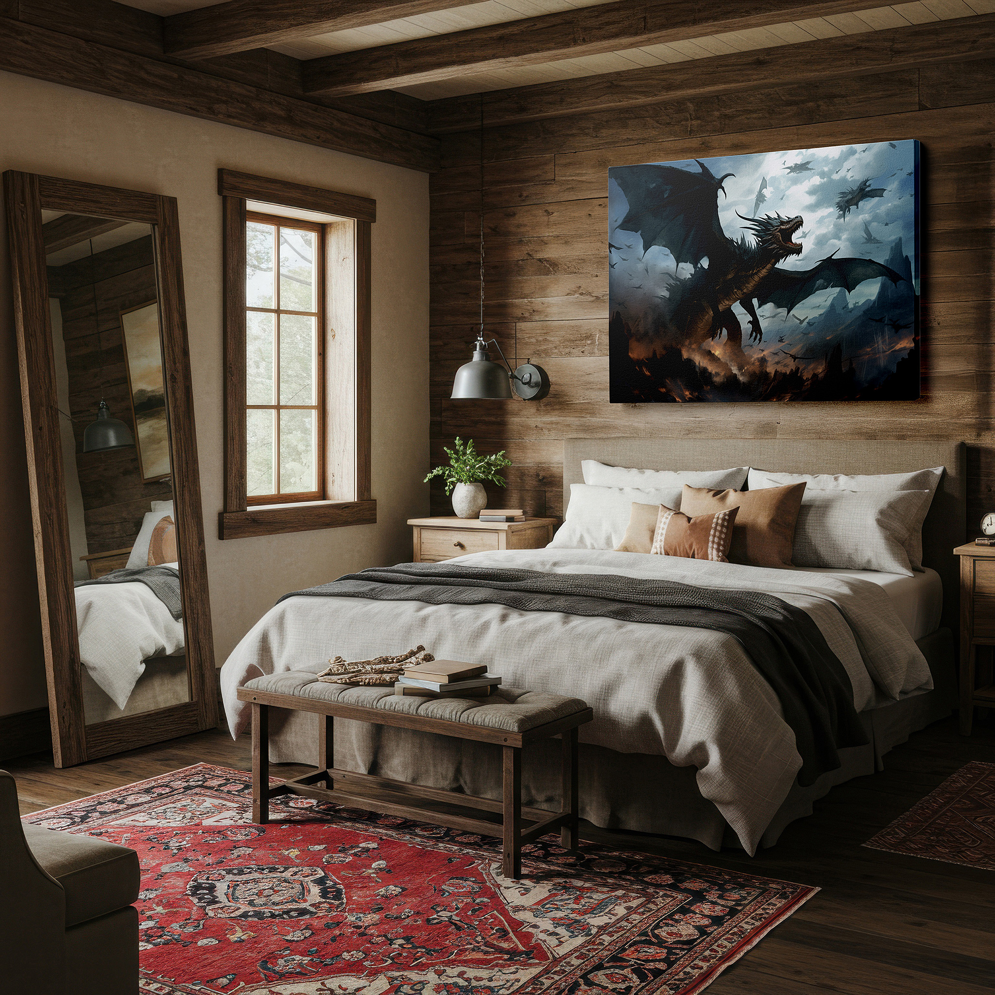 Close-up shows rich pigment, color blending, and brushwork texture — stormy skies and rugged mountains featuring fearsome dragon in flight - large canvas wall art for office and bedroom decor