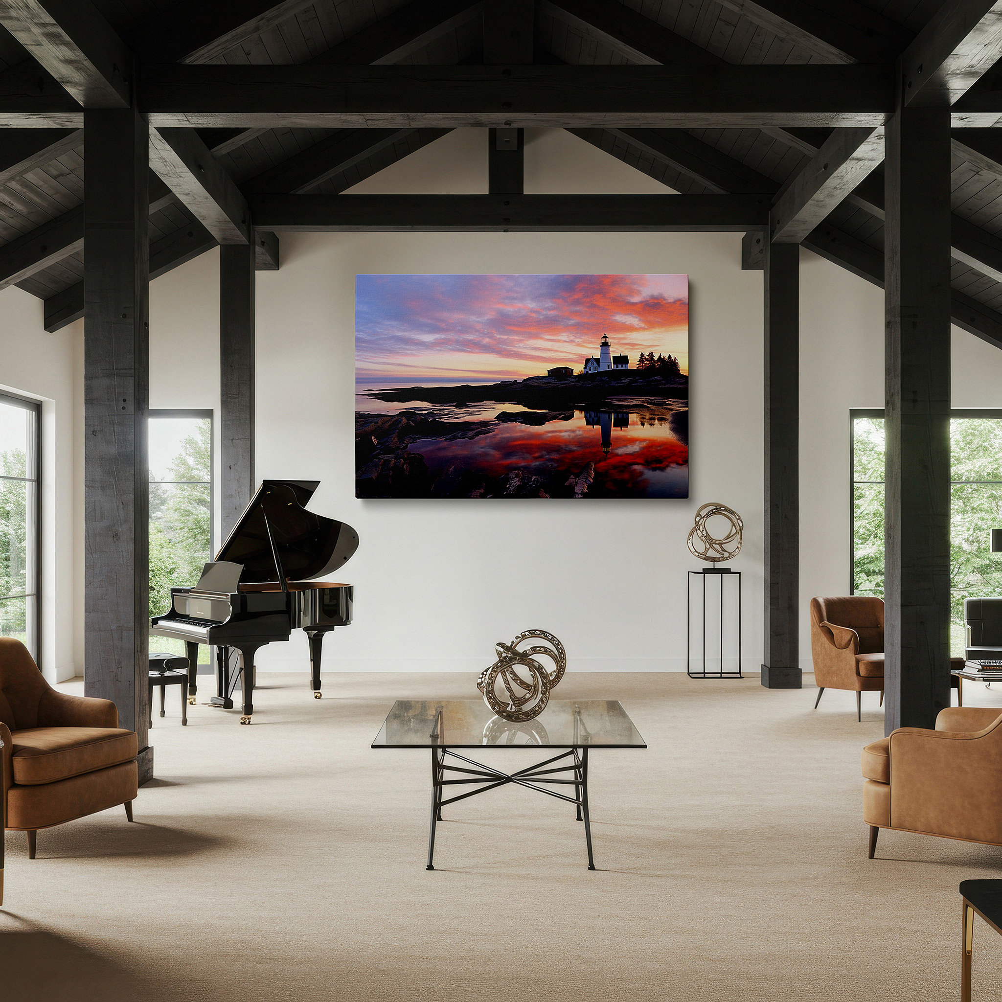 Close-up shows rich pigment, color blending, and brushwork texture — stunning lighthouse canvas wall art: a symbol of guidance against a vibrant coastal sunset, perfect for home decor
