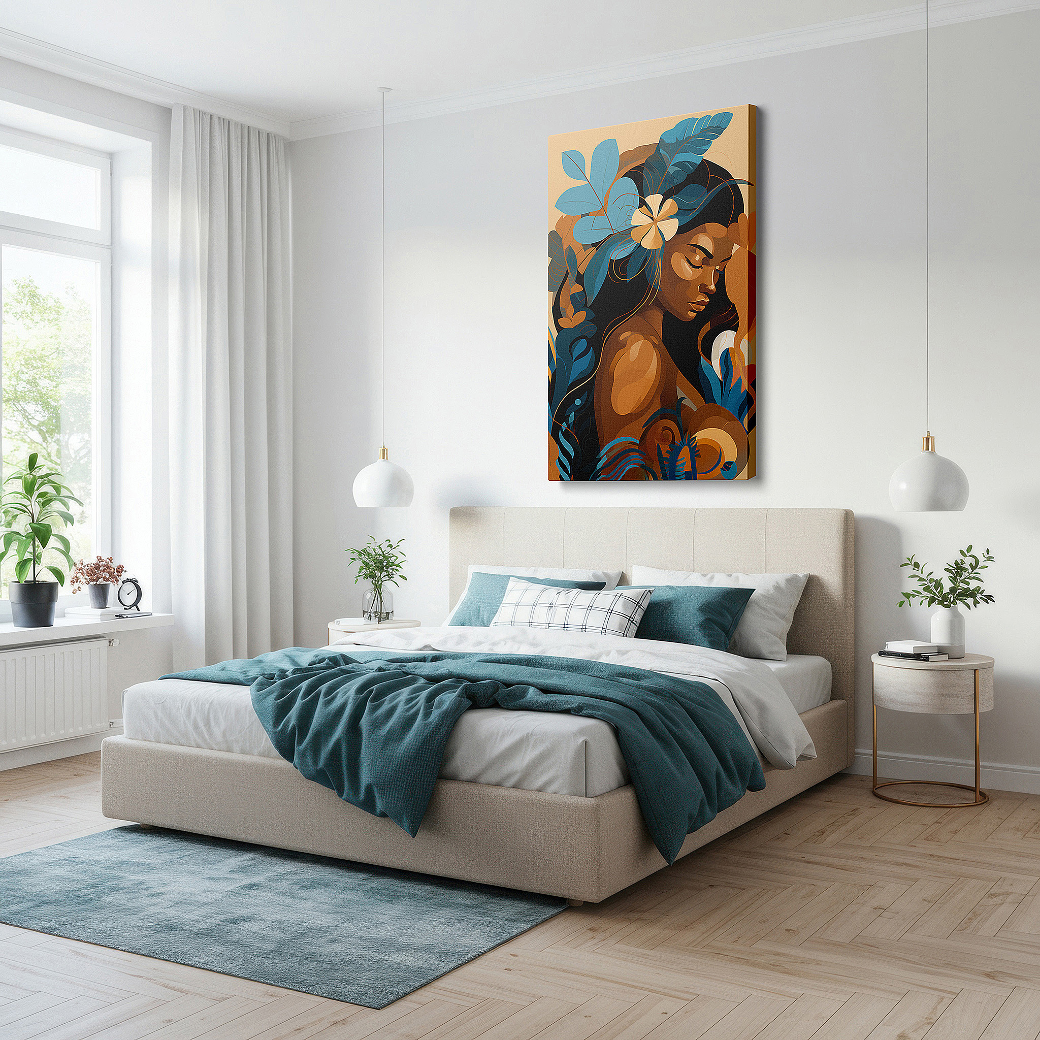 Close-up shows rich pigment, color blending, and brushwork texture — stylized portrait of a woman with vibrant floral accents celebrating femininity and nature, large canvas wall art decor