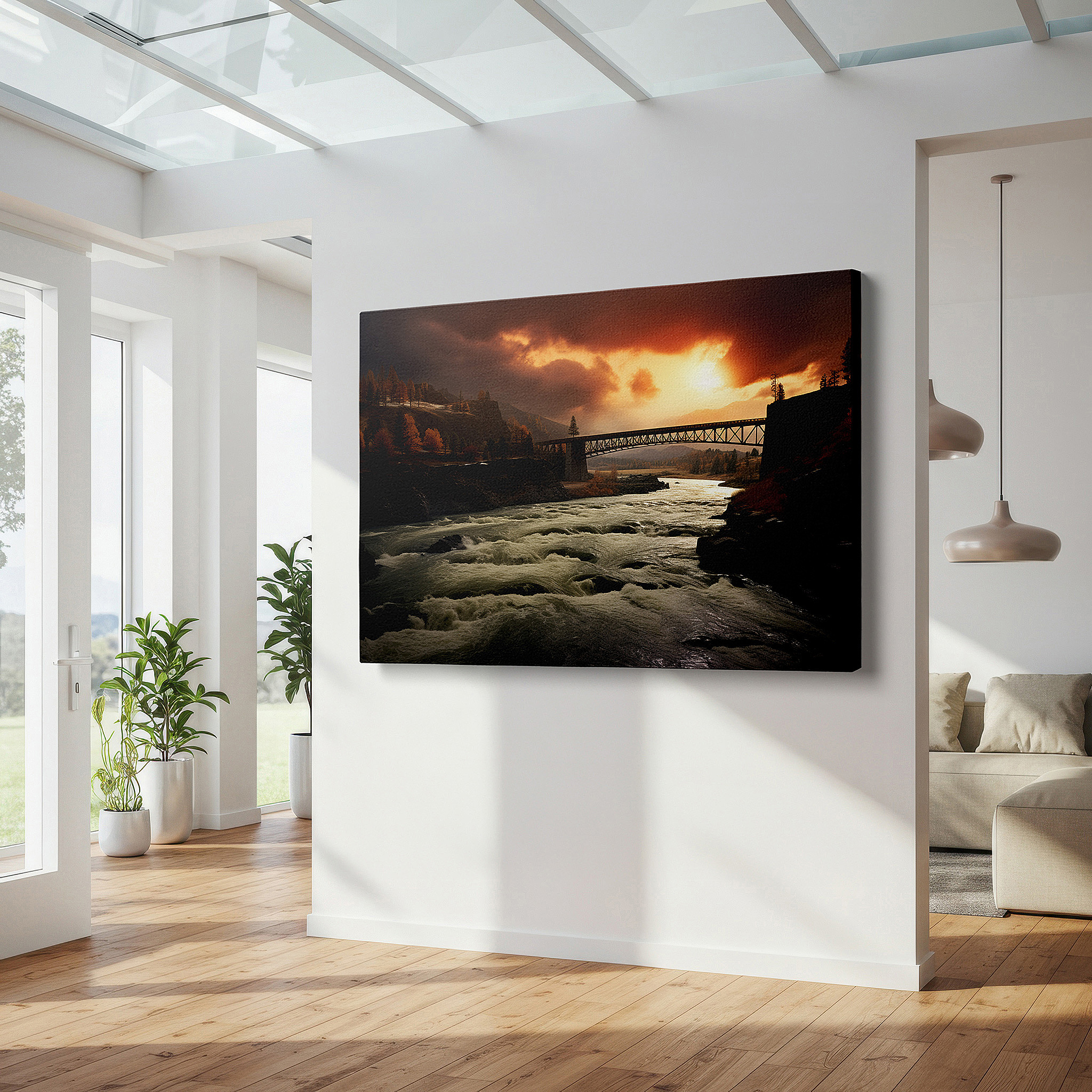 Close-up shows rich pigment, color blending, and brushwork texture — sunset blaze over the vigorous river and majestic bridge wall art - large canvas for office, bedroom, and living room decor