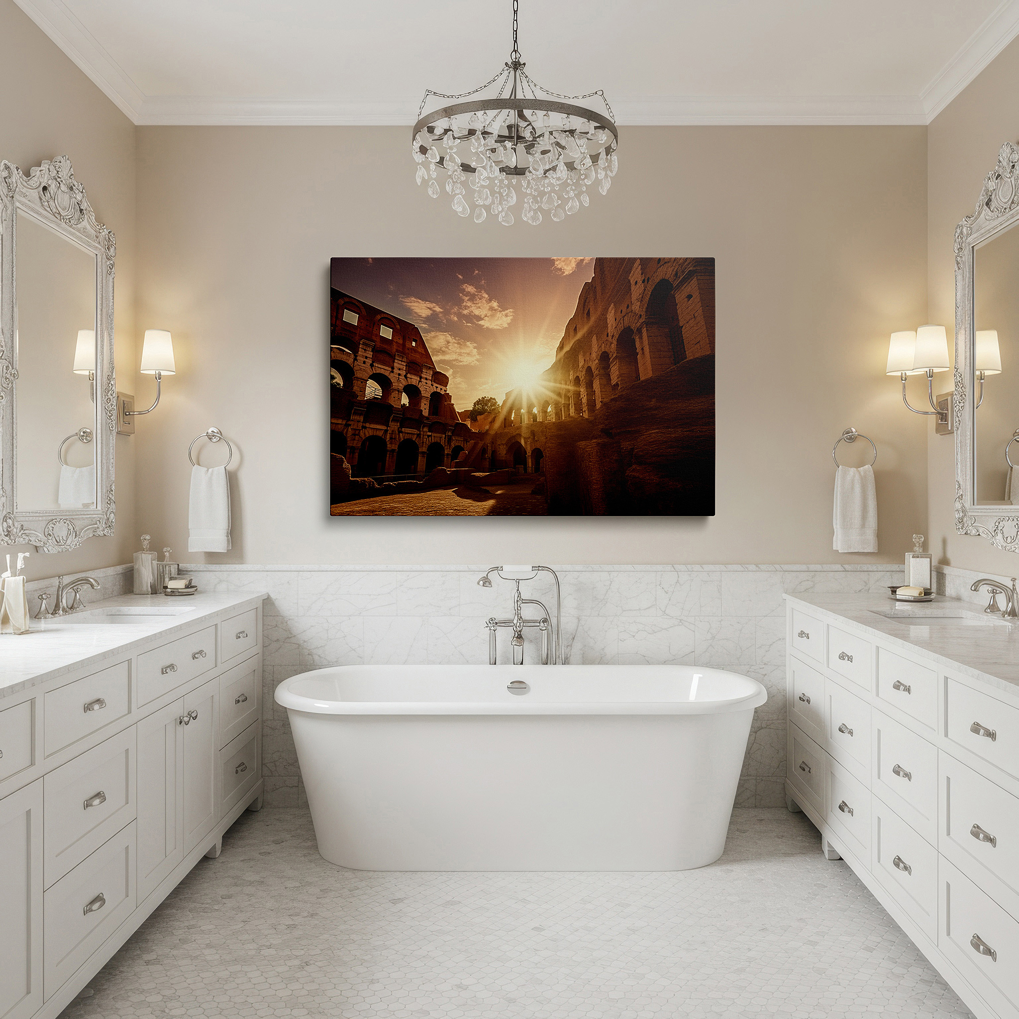 Close-up shows rich pigment, color blending, and brushwork texture — sunset at the roman colosseum - majestic historical warmth large wall art, canvas, decor for office and bedroom