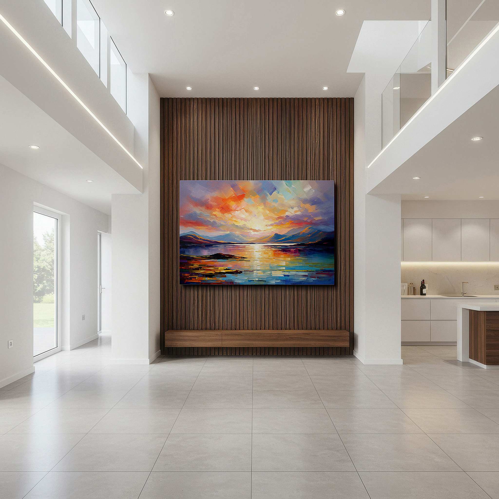 Close-up shows rich pigment, color blending, and brushwork texture — sunset serenade - a peaceful impressionist landscape featuring luminous reflections, large canvas wall art for home and office decor