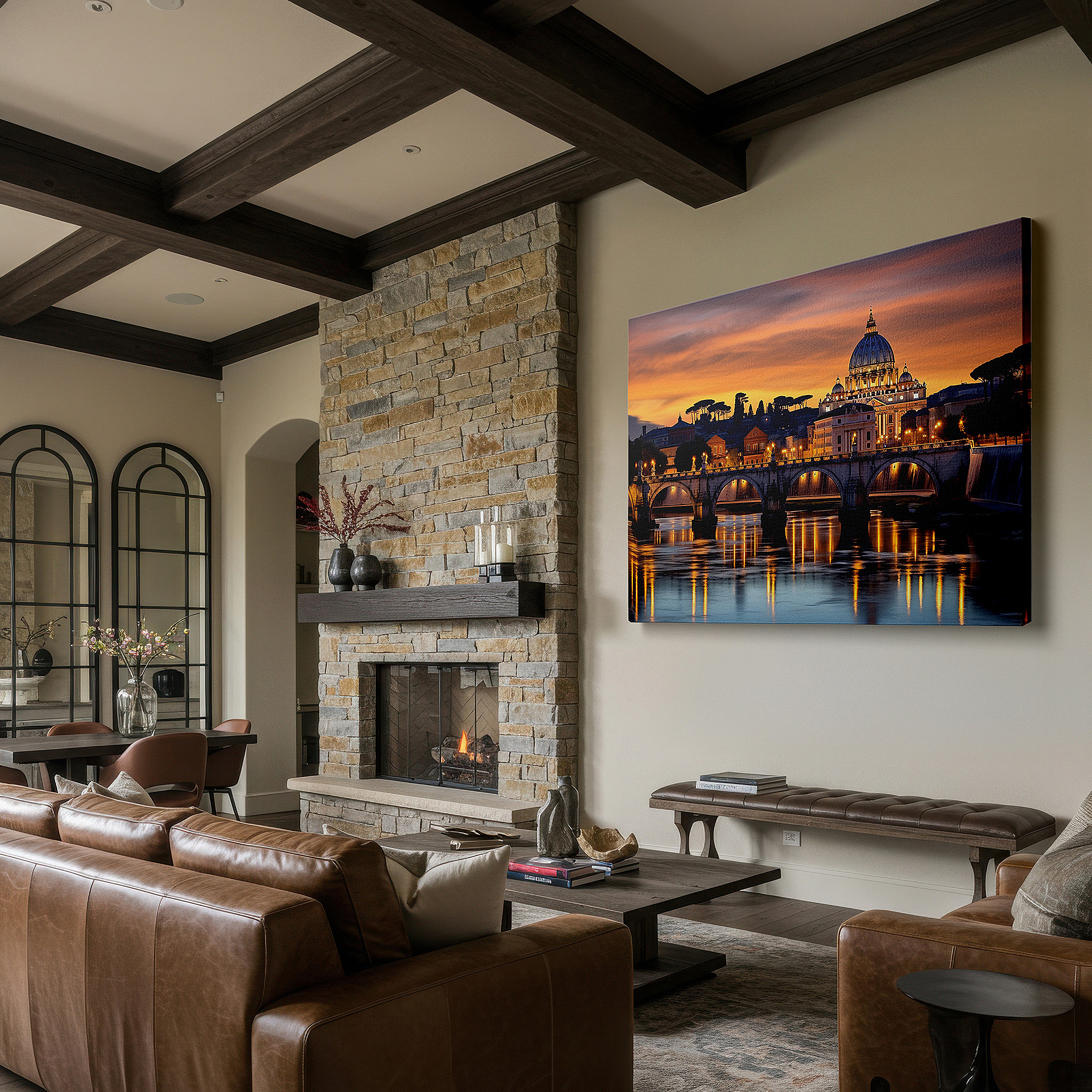 Close-up shows rich pigment, color blending, and brushwork texture — sunset over st. peter's basilica wall art: a symphony of light and reflection - large canvas art for office and bedroom decor