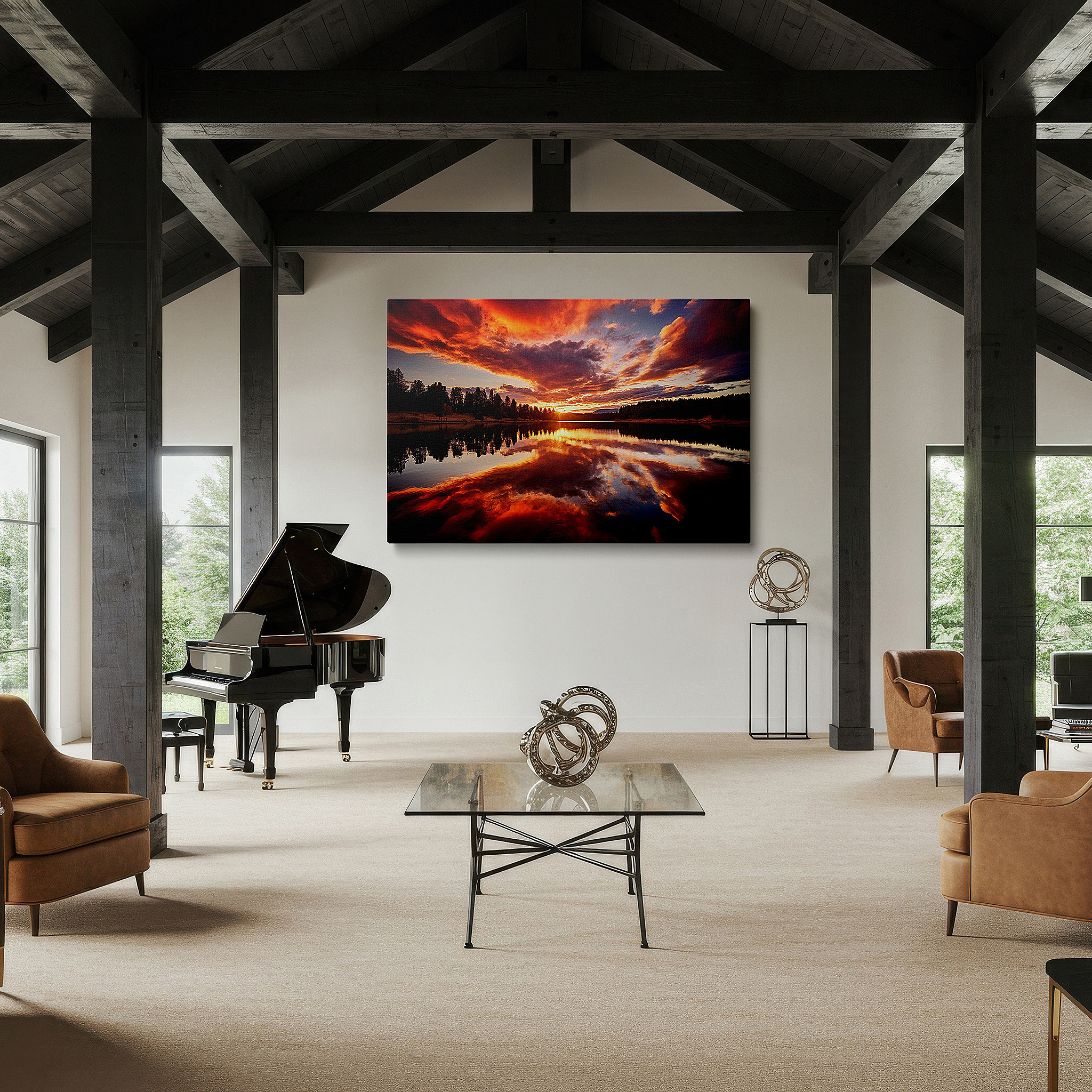 Close-up shows rich pigment, color blending, and brushwork texture — sunset over tranquil lake wall art: peaceful and renewing with a vibrant fiery sky and reflective waters, ideal for office decor, large canvas