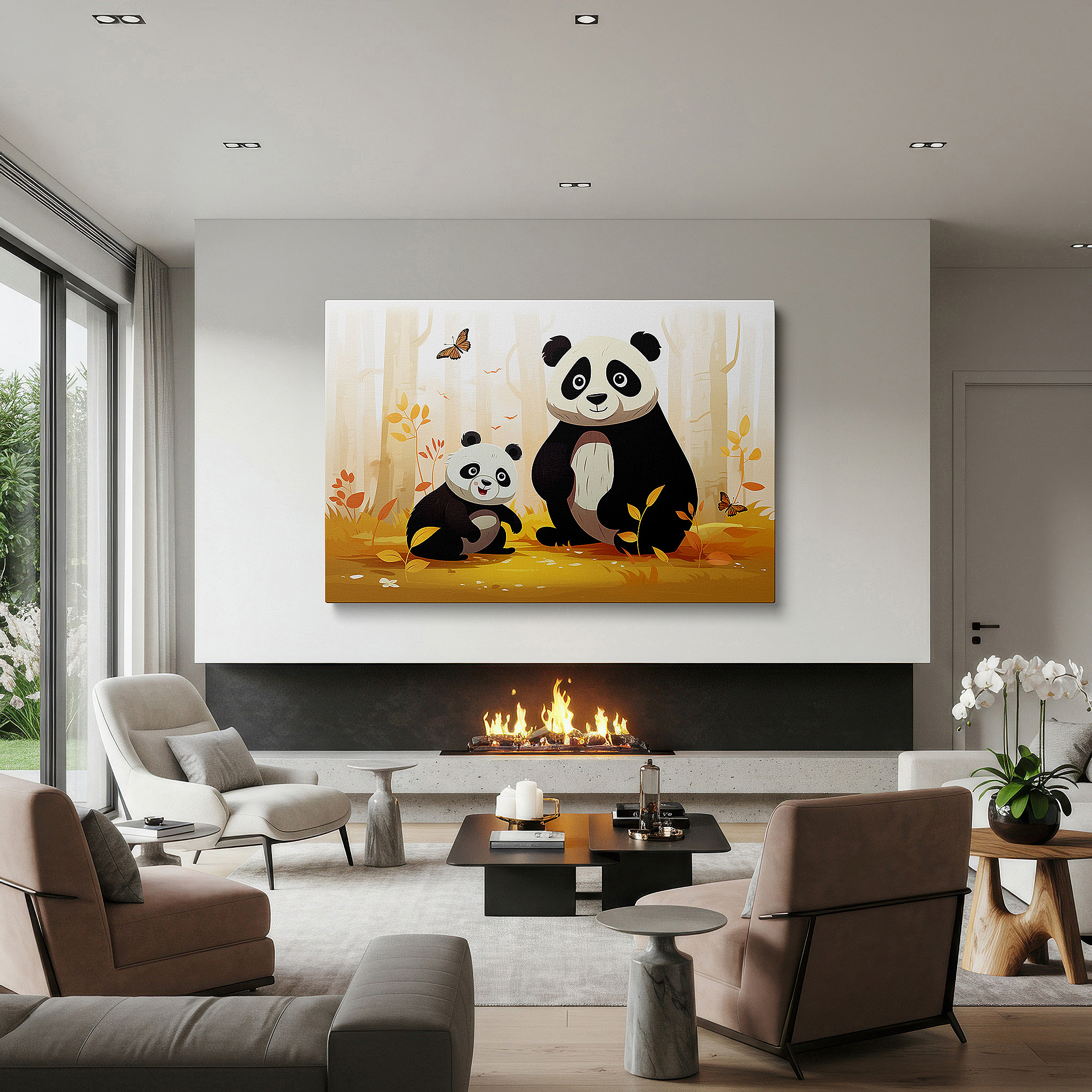 Close-up shows rich pigment, color blending, and brushwork texture — tender panda family embrace in vibrant autumn forest large canvas wall art for office, bedroom, and living room decor
