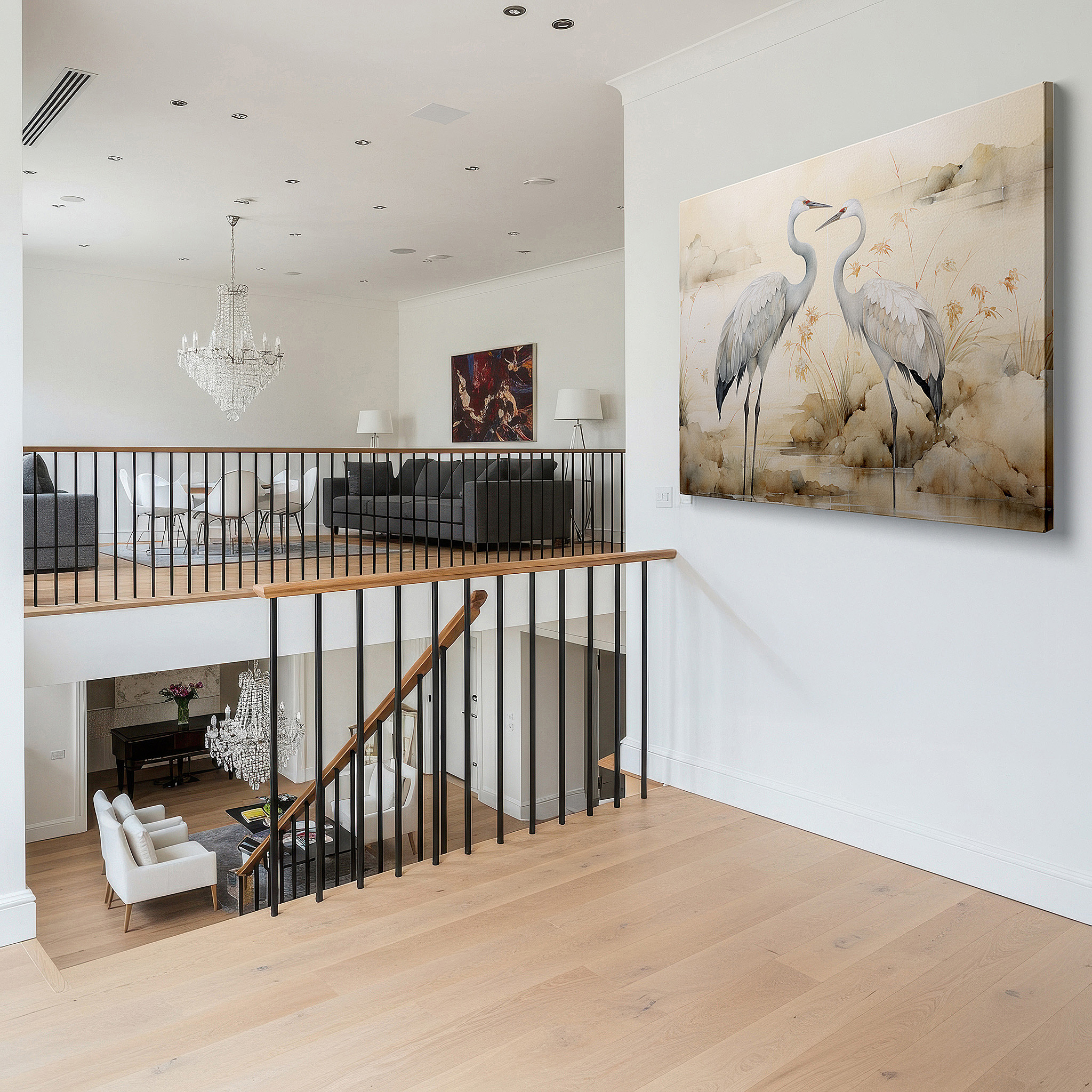 Close-up shows rich pigment, color blending, and brushwork texture — tranquil landscape with elegant cranes - serene companionship themed large wall art, canvas wall art, wall decor for office