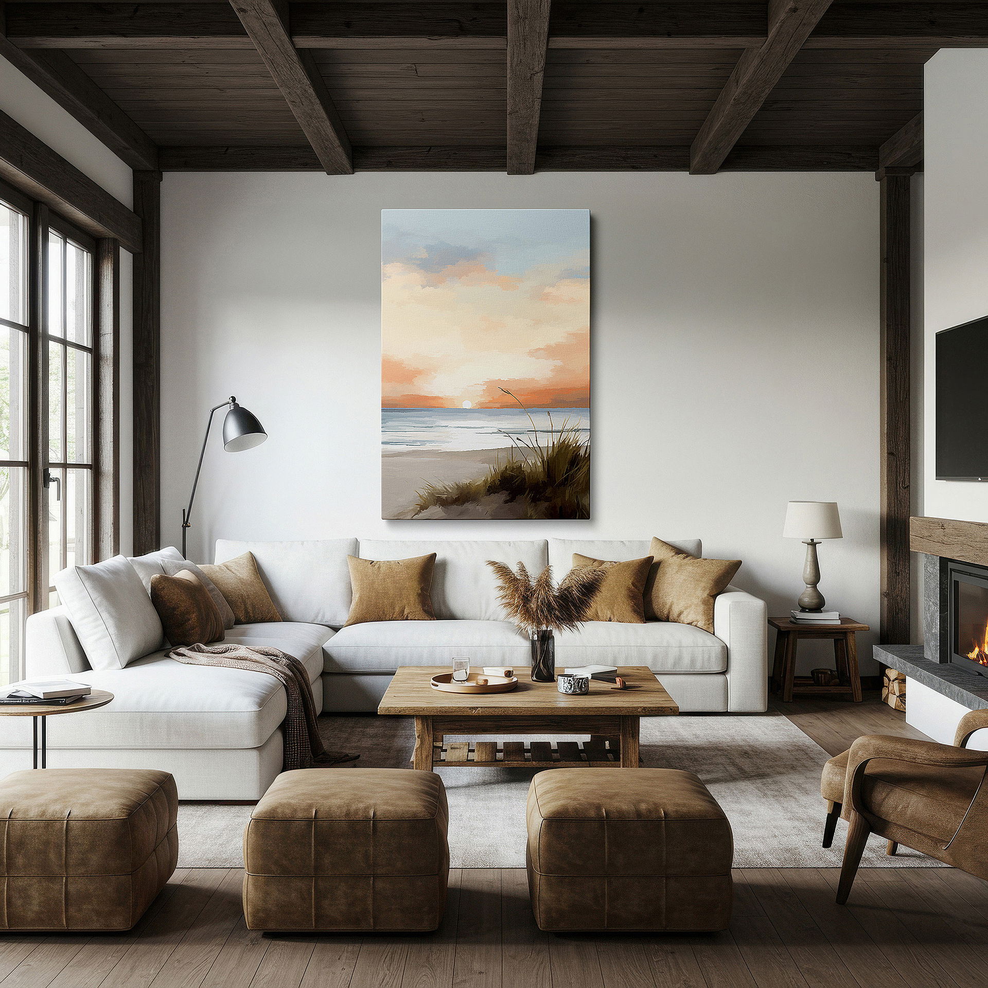 Close-up shows rich pigment, color blending, and brushwork texture — tranquil sunset at a secluded beach wall art: vibrant colors for a serene escape - large canvas art for home and office decor
