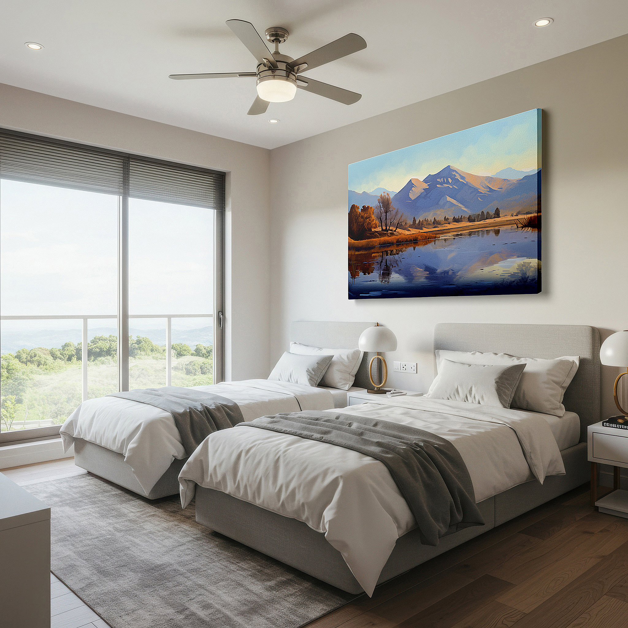 Close-up shows rich pigment, color blending, and brushwork texture — tranquil waters and majestic mountains wall art: a gateway to serenity - large canvas art for home and office decor, perfect for living rooms and bedrooms