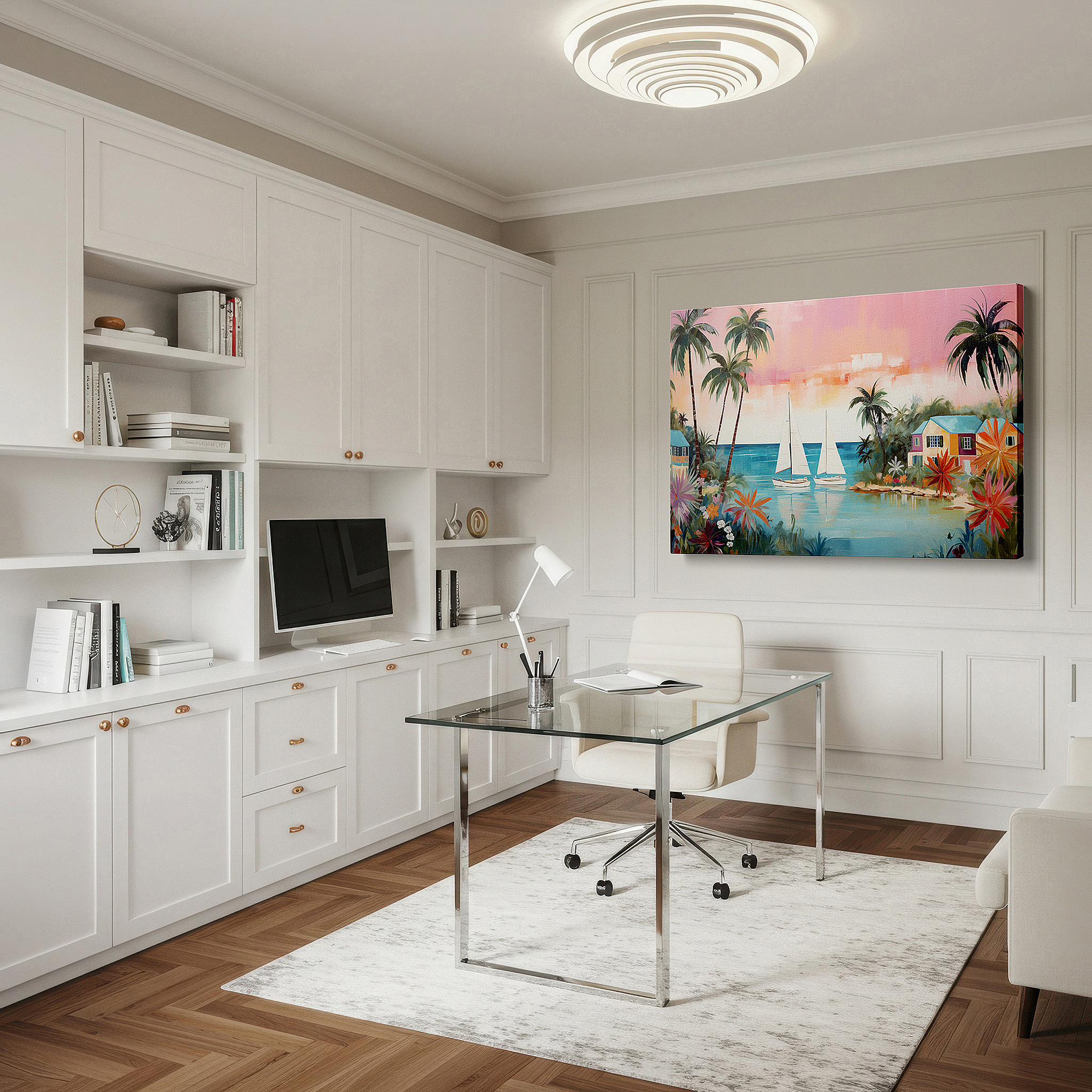 Close-up shows rich pigment, color blending, and brushwork texture — tropical seascape sunset and sailboats wall art: large canvas for serene and adventurous decor, ideal for office and bedroom