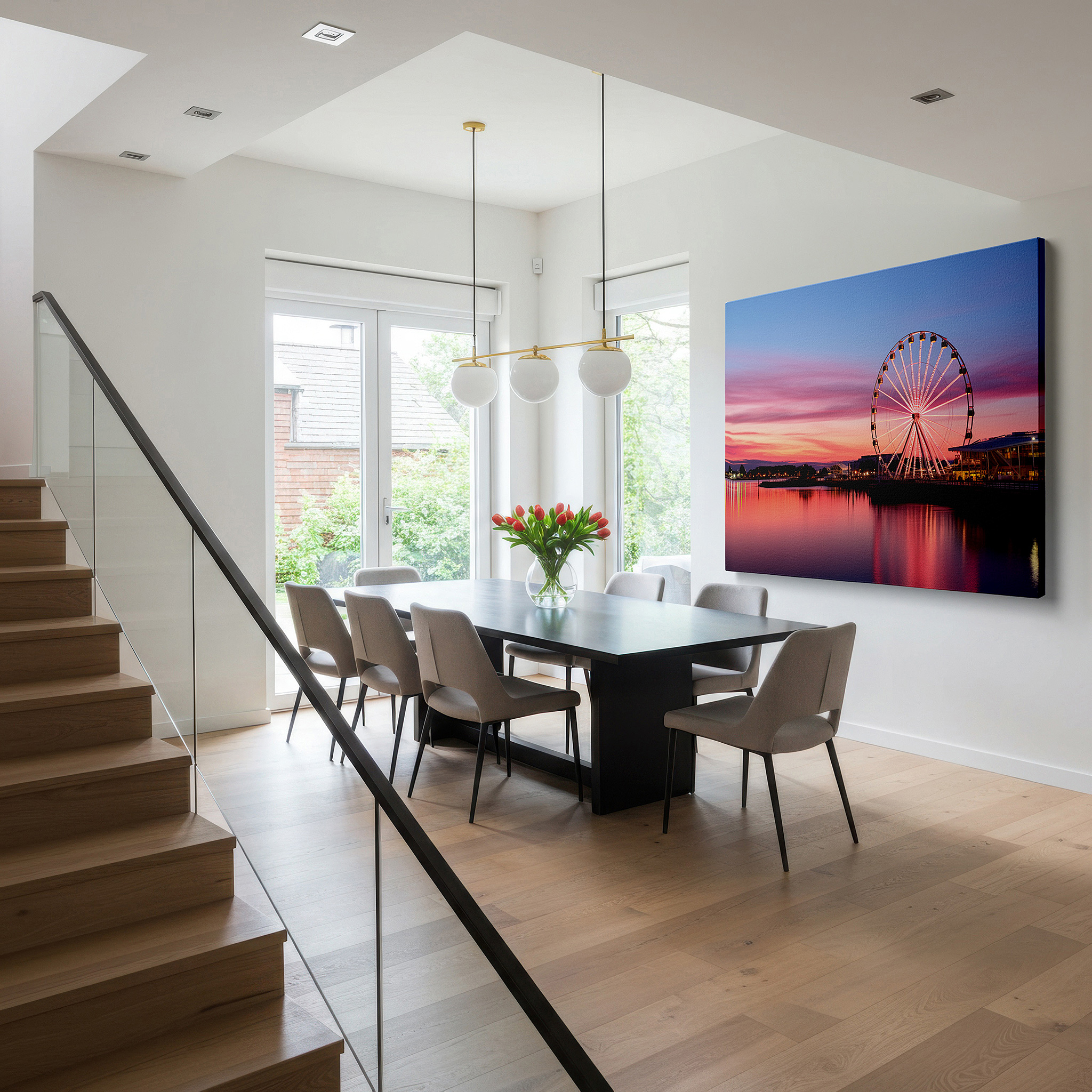 Close-up shows rich pigment, color blending, and brushwork texture — twilight glow over the ferris wheel: large waterfront reflection canvas art for office and bedroom decor