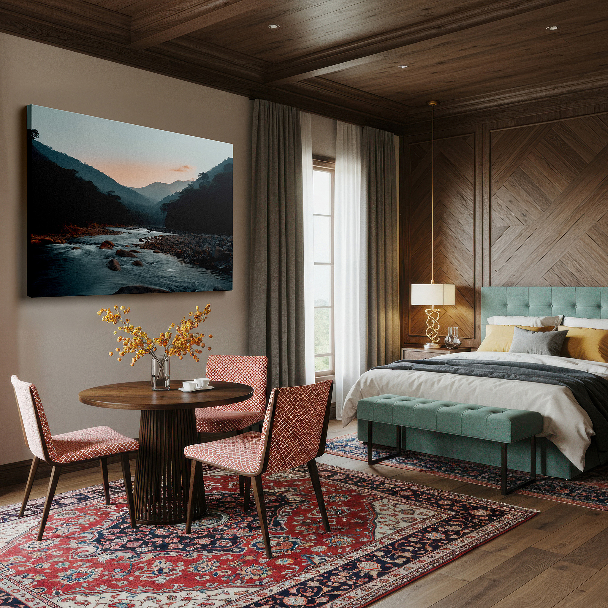Close-up shows rich pigment, color blending, and brushwork texture — twilight serenity by the mountain river - a peaceful retreat into nature's embrace large wall art, canvas wall art, wall decor, office wall art