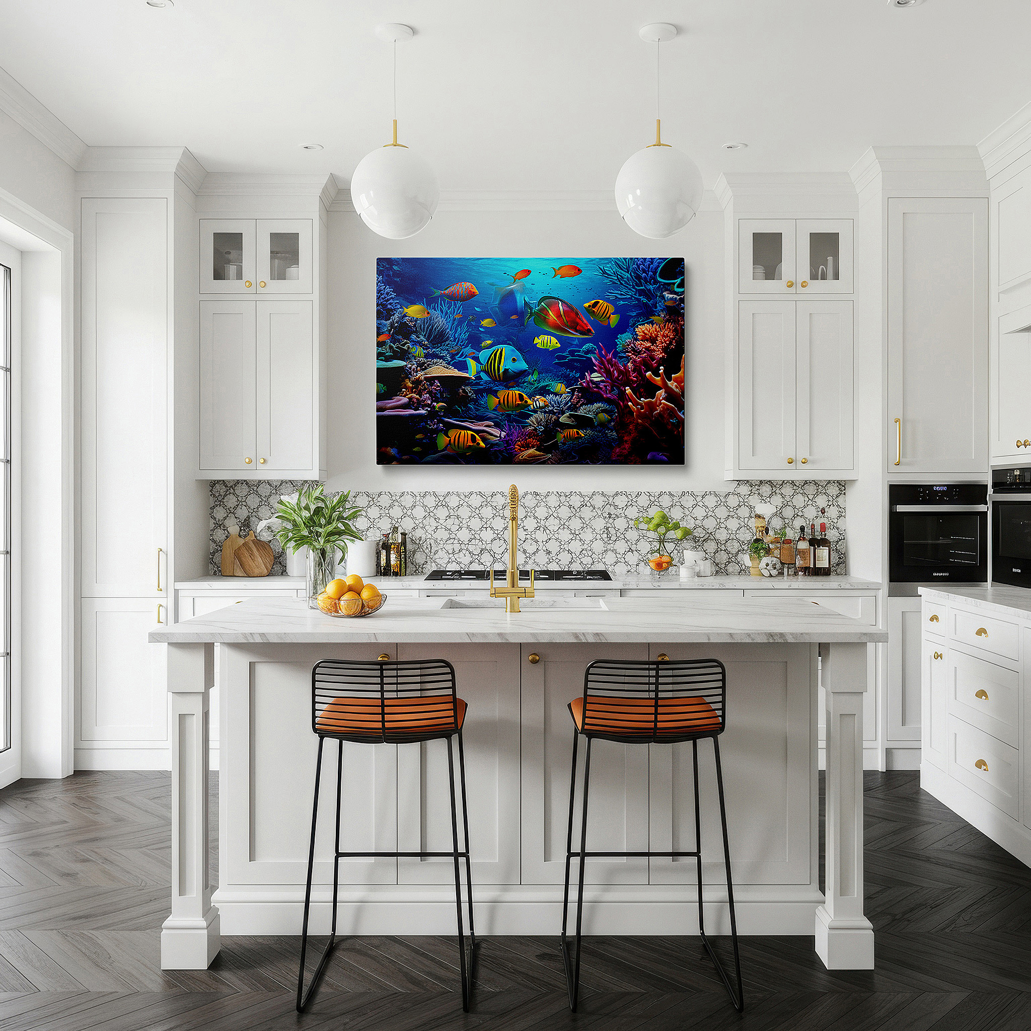 Close-up shows rich pigment, color blending, and brushwork texture — underwater majesty: clownfish and vibrant coral reefs wall art - large canvas for home and office decor, perfect for living rooms and bedrooms