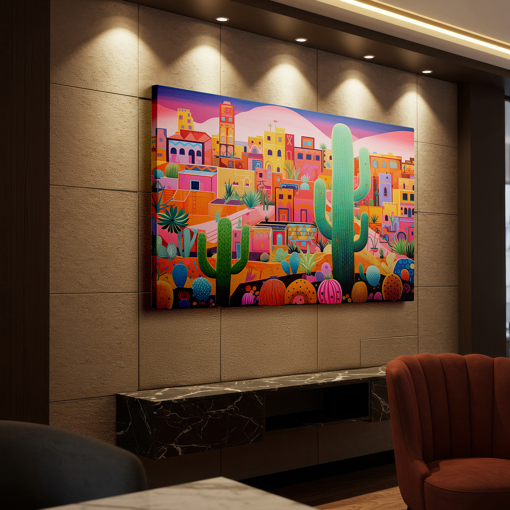Close-up shows rich pigment, color blending, and brushwork texture — vibrant desert town surrounded by towering cacti: a cultural mosaic and resilient life - large wall art, canvas wall art, wall decor for office