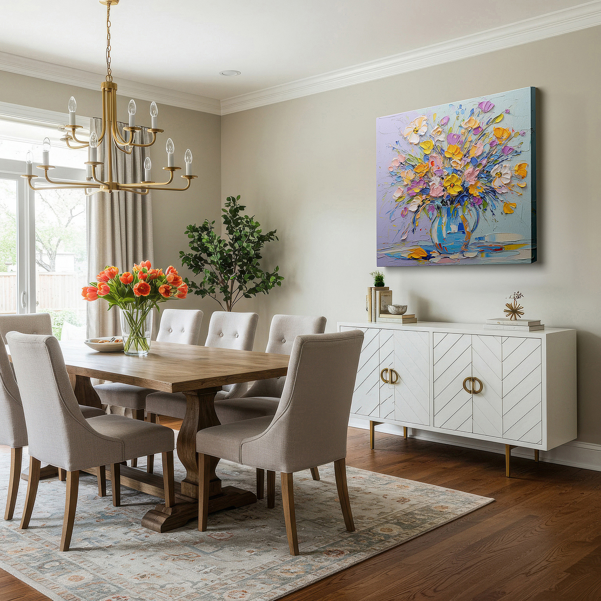Close-up shows rich pigment, color blending, and brushwork texture — vibrant floral symphony with palette knife textures: enhance any space with large canvas wall art for offices and bedrooms