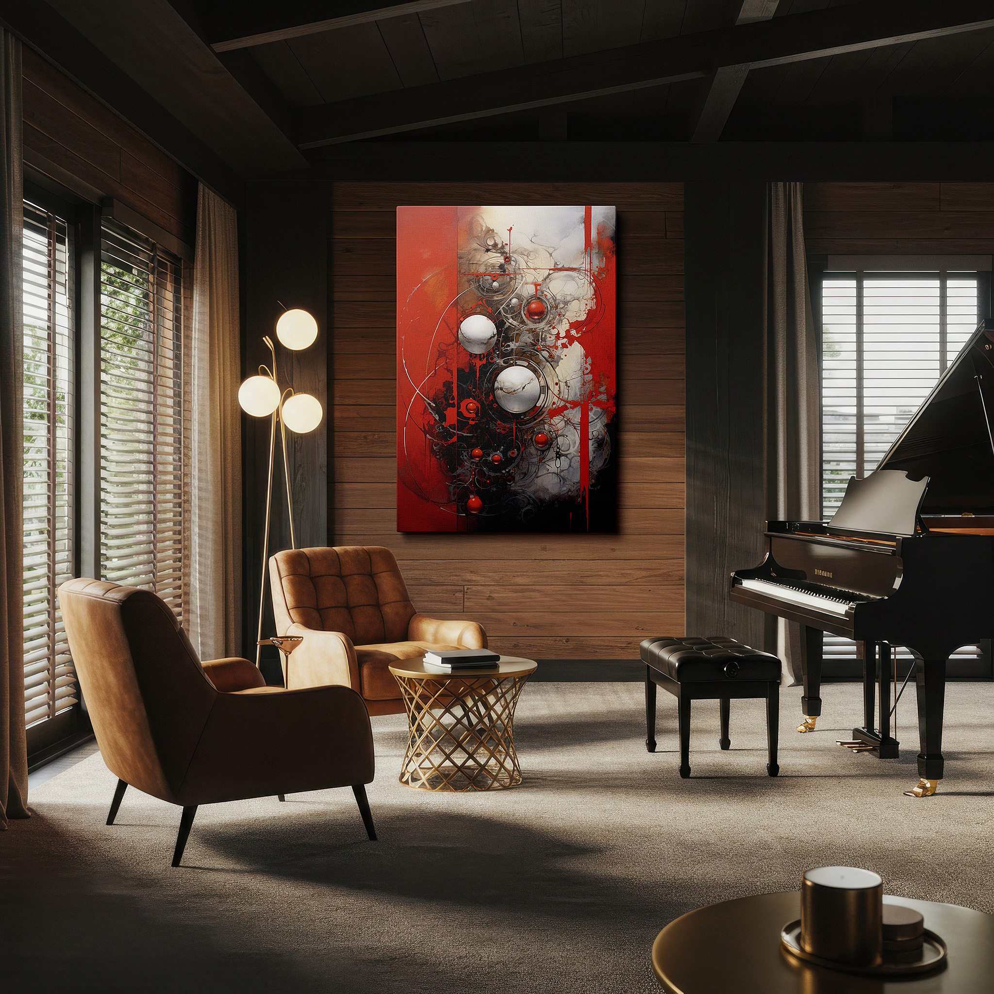 Close-up shows rich pigment, color blending, and brushwork texture — vibrant red and black interaction with metallic globes and geometric accuracy, large canvas wall art for office and bedroom decor