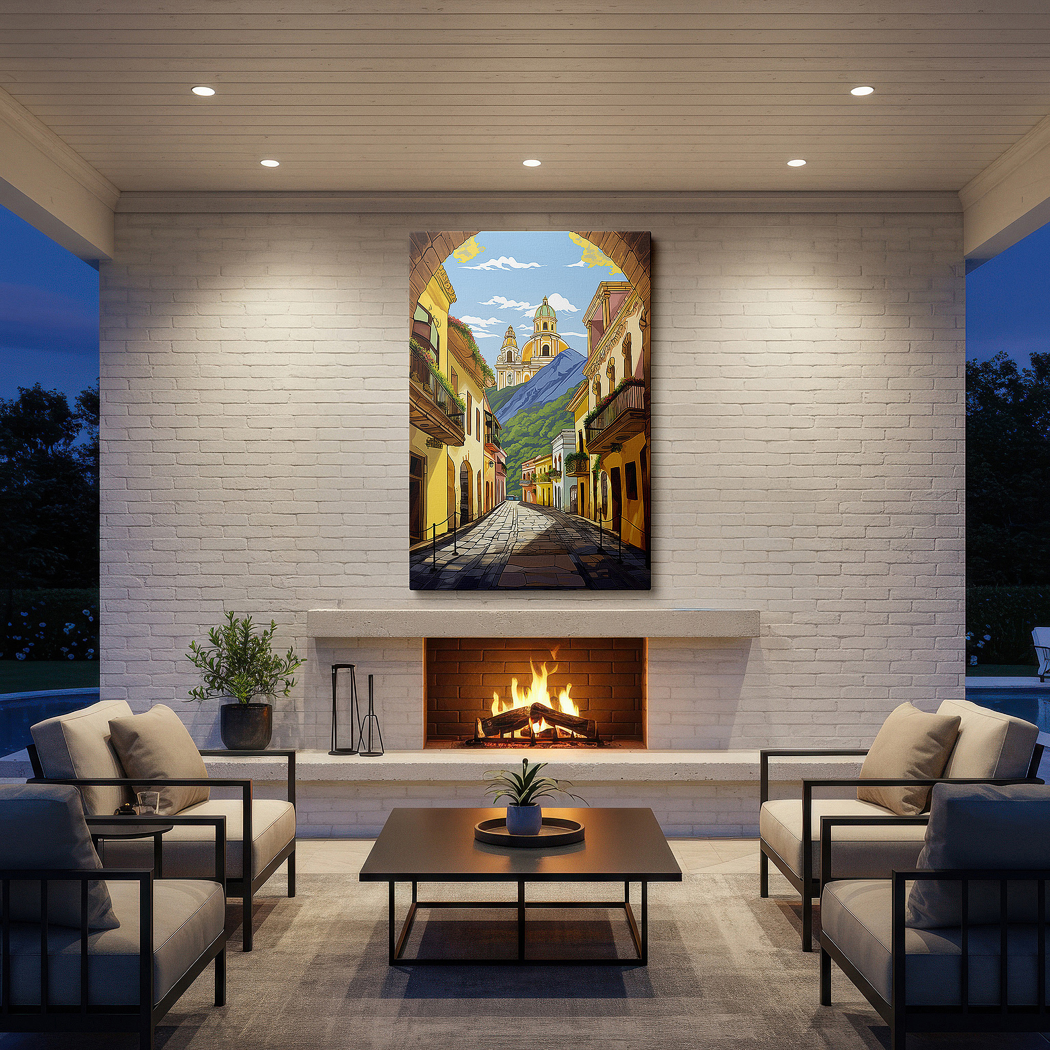 Close-up shows rich pigment, color blending, and brushwork texture — vibrant village scenes and majestic mountain views: large canvas wall art for home and office decor