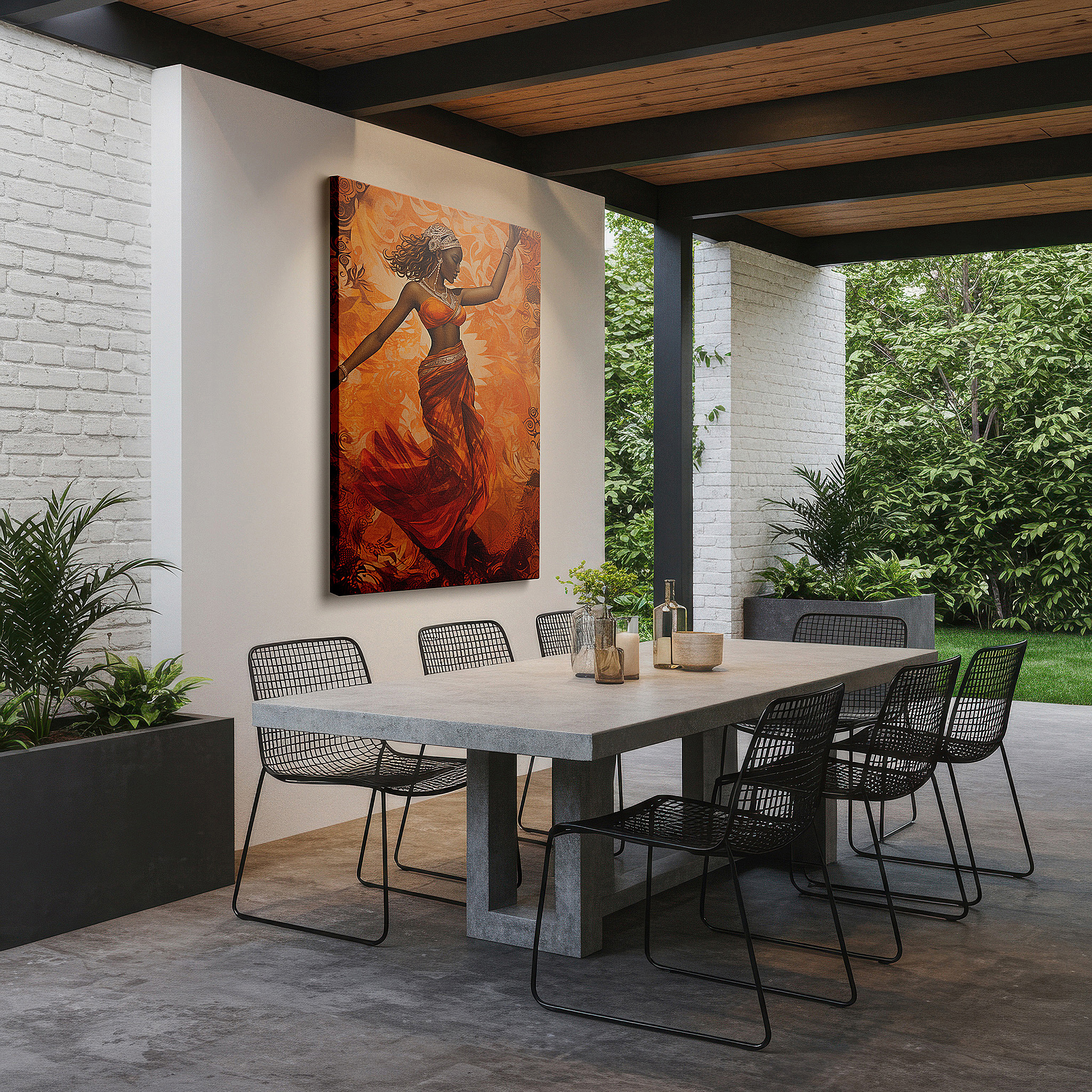 Close-up shows rich pigment, color blending, and brushwork texture — wall art: celebrating cultural identity with a graceful dance of tradition in vibrant orange - large canvas wall art for office and bedroom decor