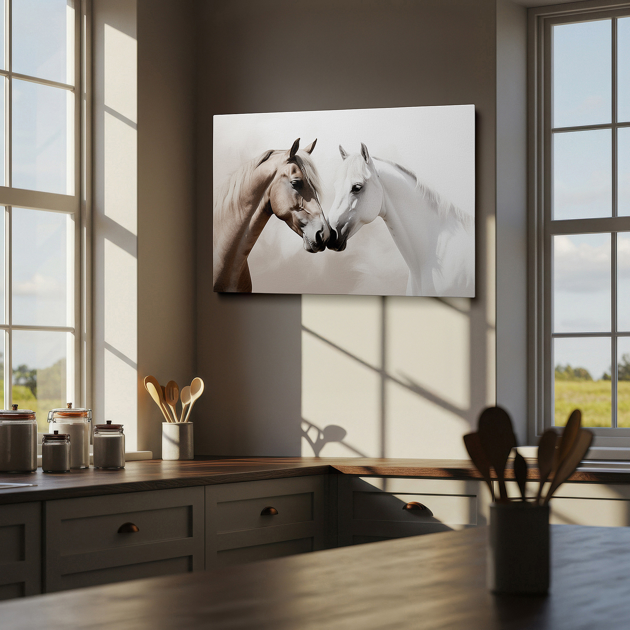 Close-up shows rich pigment, color blending, and brushwork texture — wall art: serene equine connection - tranquil imagery of two horses in a mystical landscape. large canvas wall art for home and office decor.