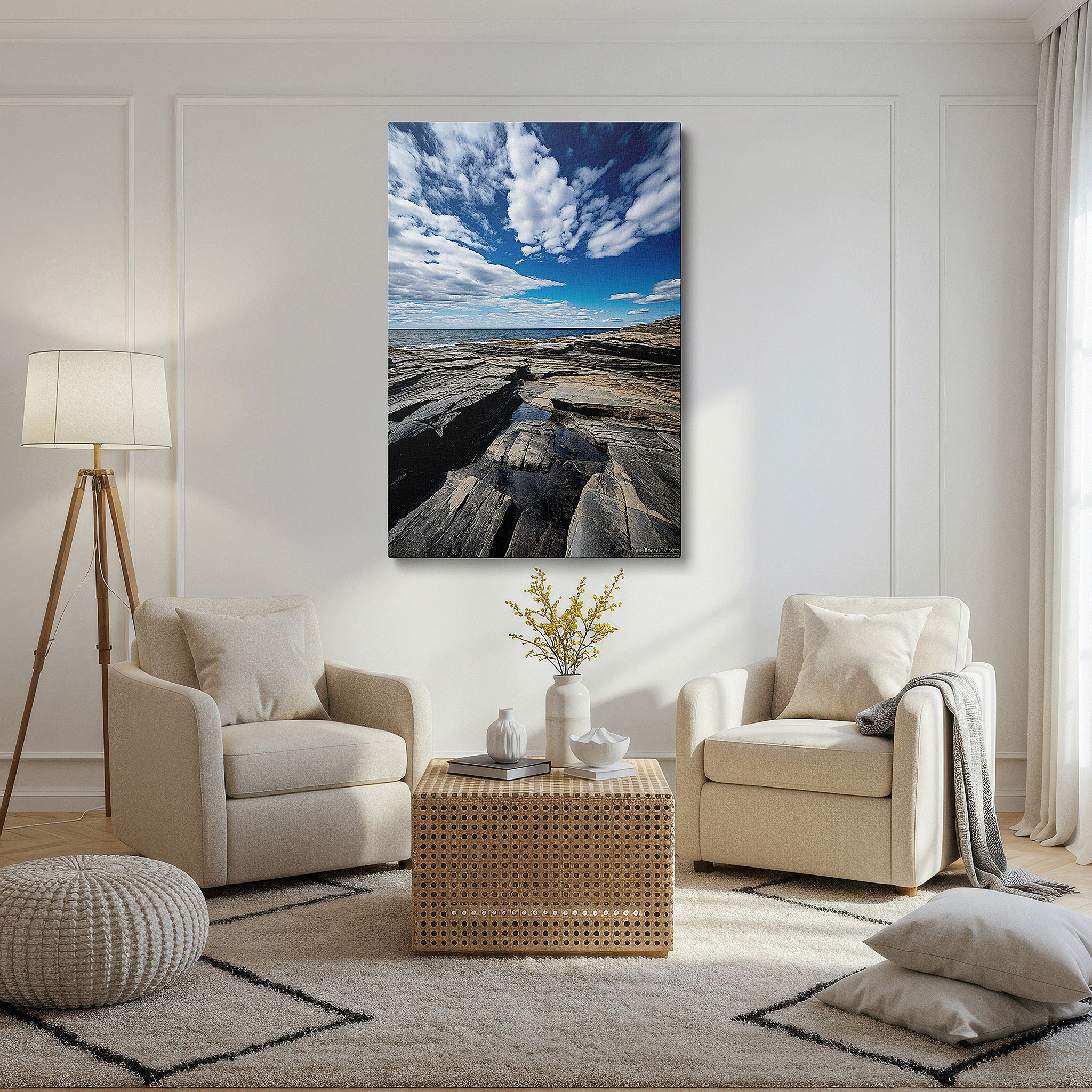 Close-up shows rich pigment, color blending, and brushwork texture — wall art: "timeless dance of earth and sky" - panoramic rugged coastline and moody clouds, large canvas wall art for home and office decor
