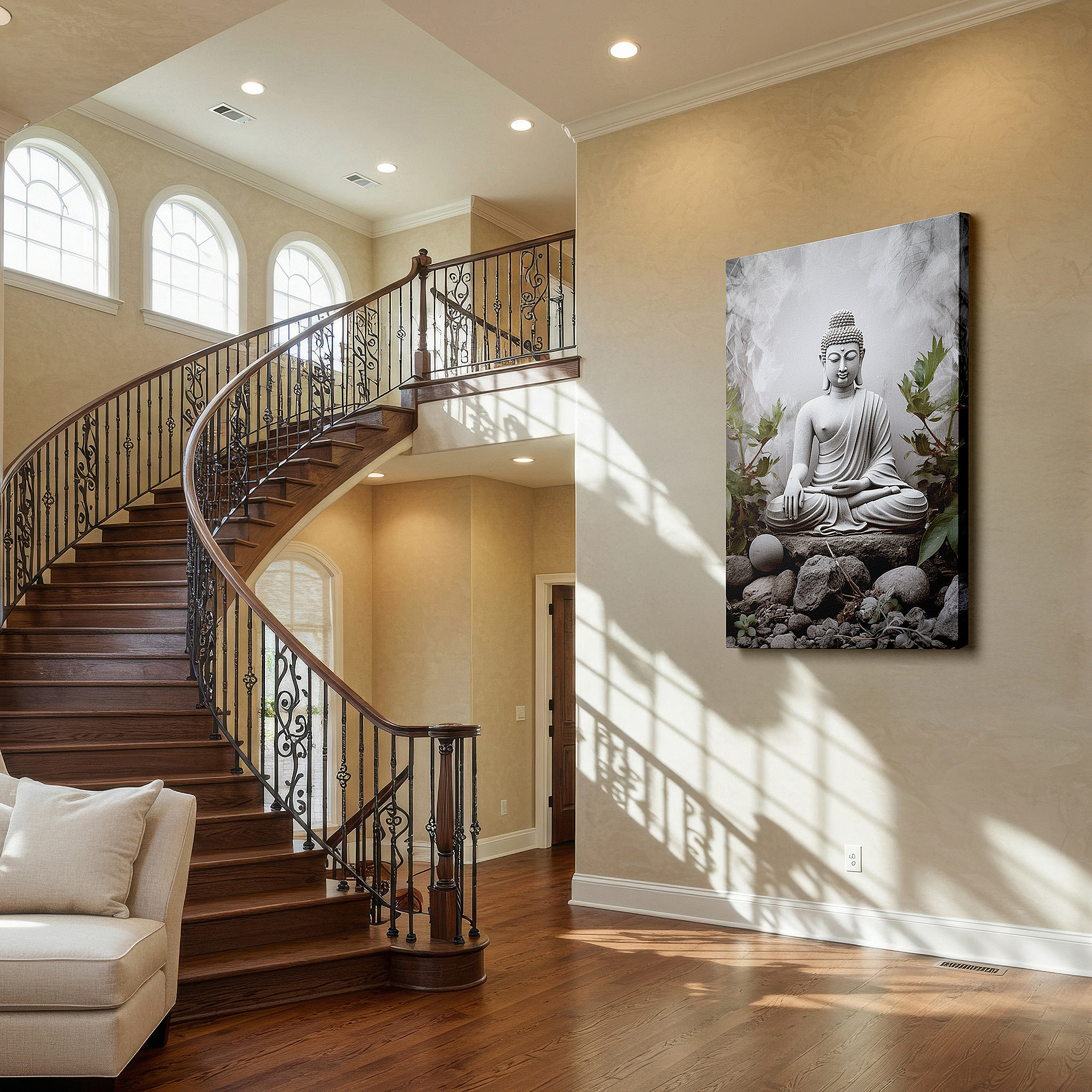 Close-up shows rich pigment, color blending, and brushwork texture — wall art: tranquil buddha meditating among stones and greenery, ideal for reflective spaces - large canvas art for home or office decor
