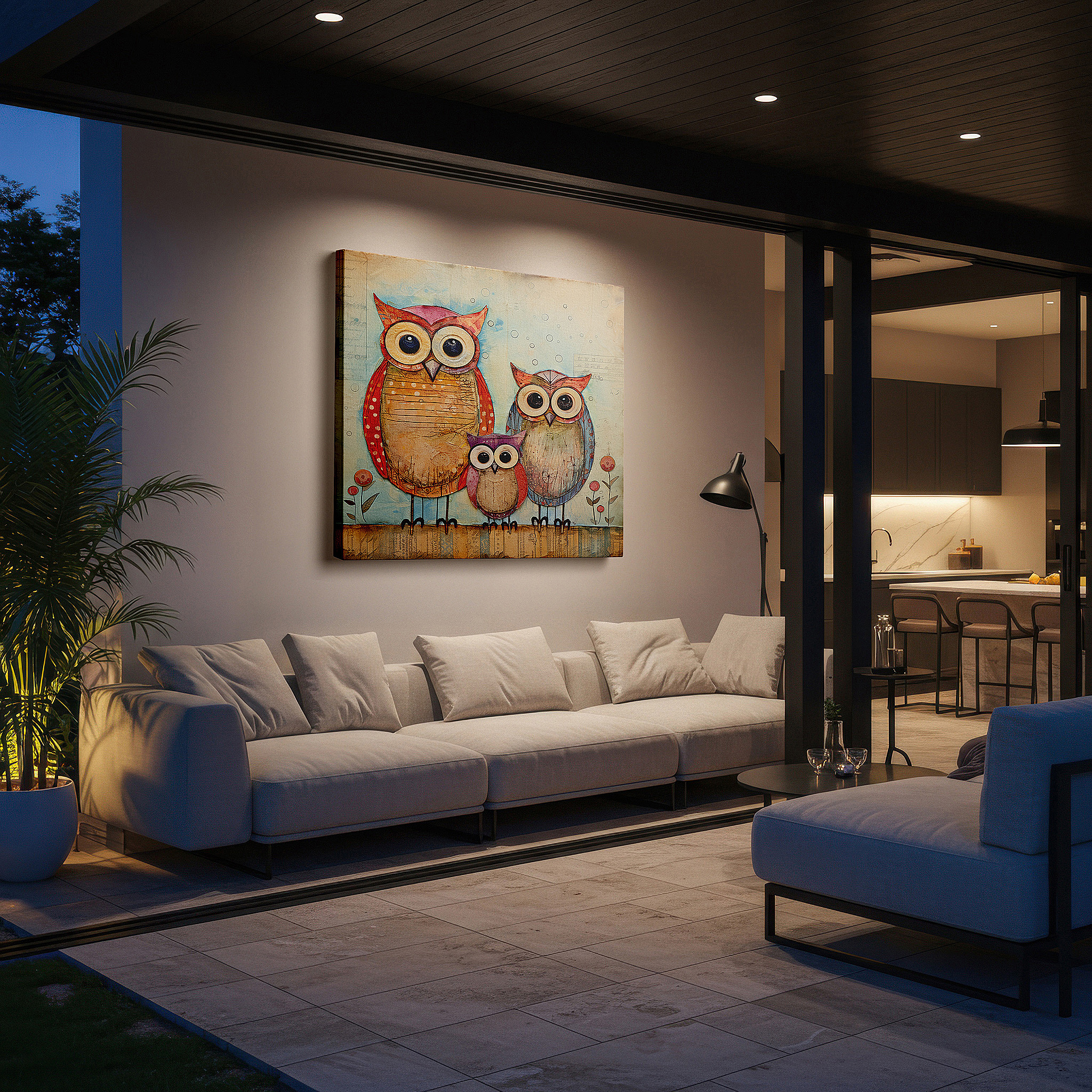 Close-up shows rich pigment, color blending, and brushwork texture — wall decor: charming set of three pastel owls, large canvas art perfect for adding creativity and warmth to any room, ideal for office or bedroom decor