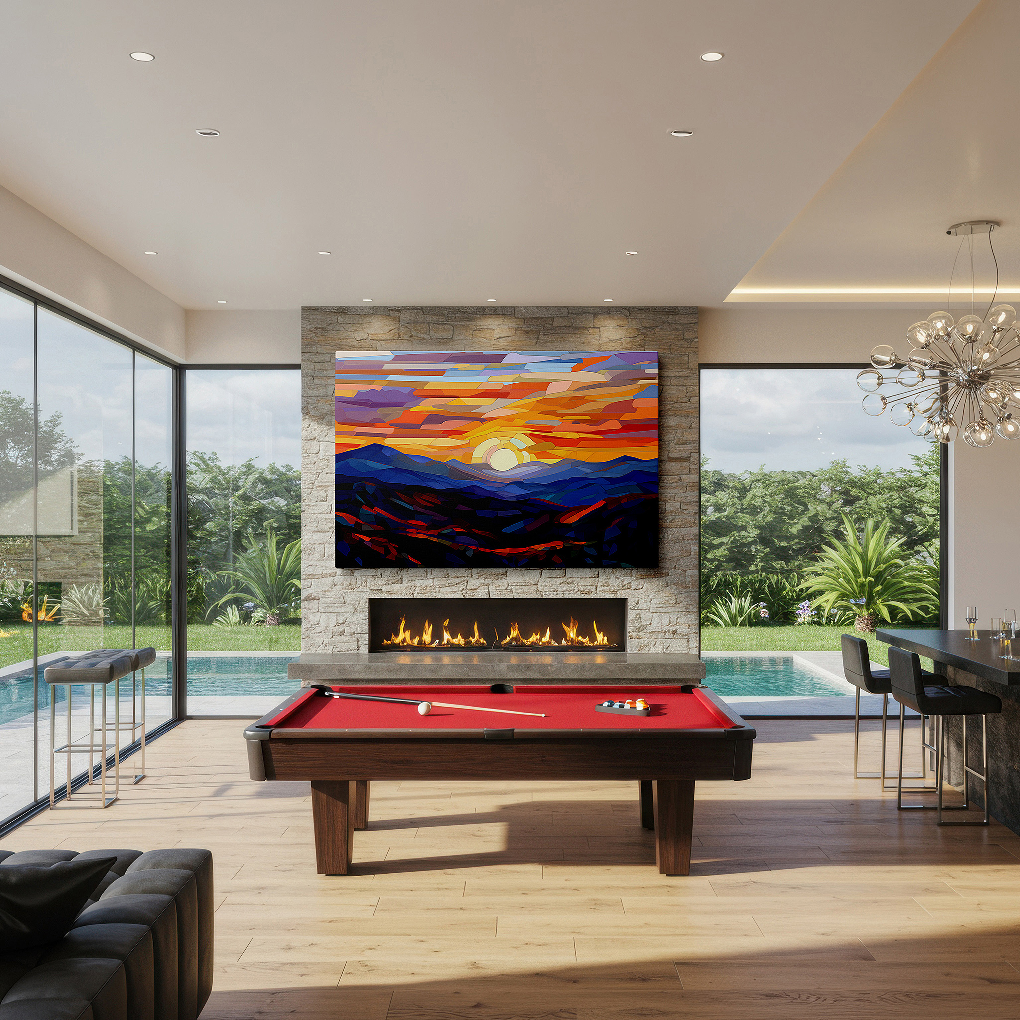 Displayed above a contemporary leather sofa in warm light — abstract mountain sunset large canvas wall art, ideal for office, bedroom, and living room decor