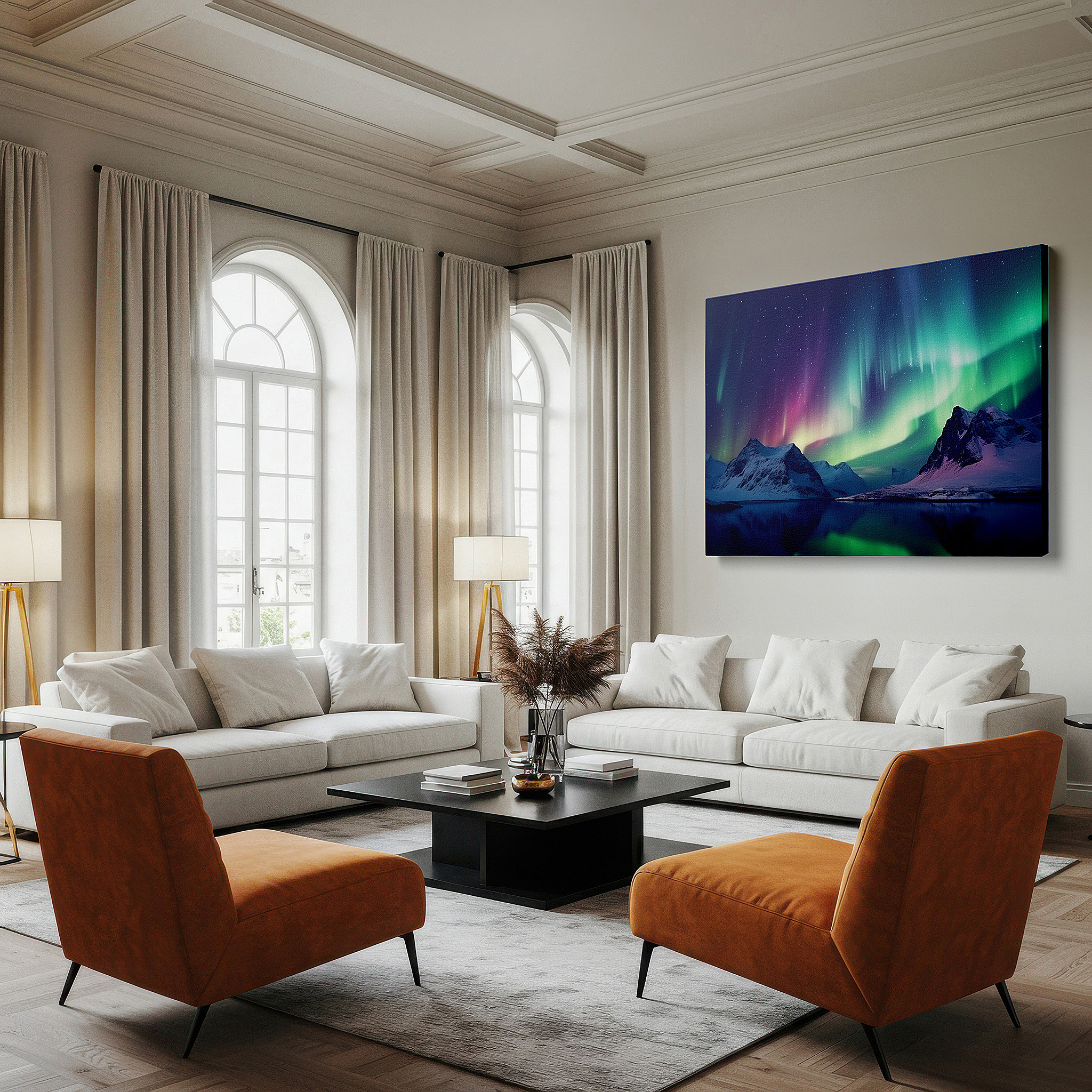 Displayed above a contemporary leather sofa in warm light — aurora borealis over snow-capped mountains and tranquil lake reflection large canvas wall art for home and office decor
