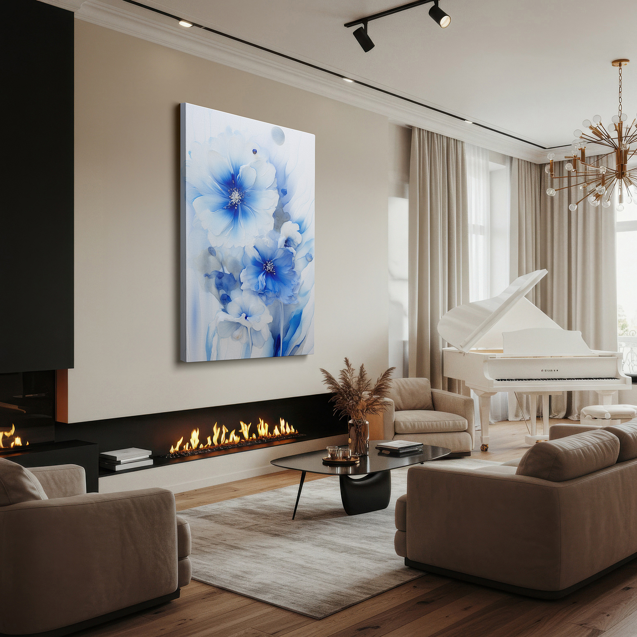 Displayed above a contemporary leather sofa in warm light — blue blooms on abstract background: serene large wall art for office and bedroom decor, canvas wall art
