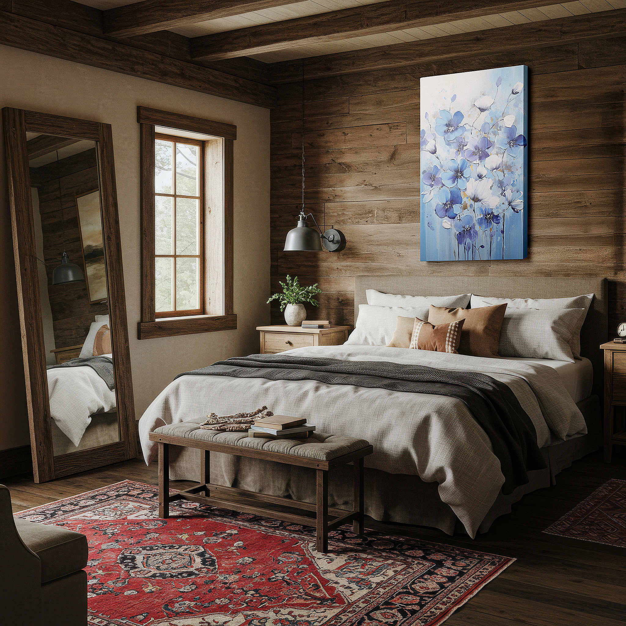 Displayed above a contemporary leather sofa in warm light — blue blooms: a tribute to nature's fragile beauty - large canvas wall art for office and bedroom decor