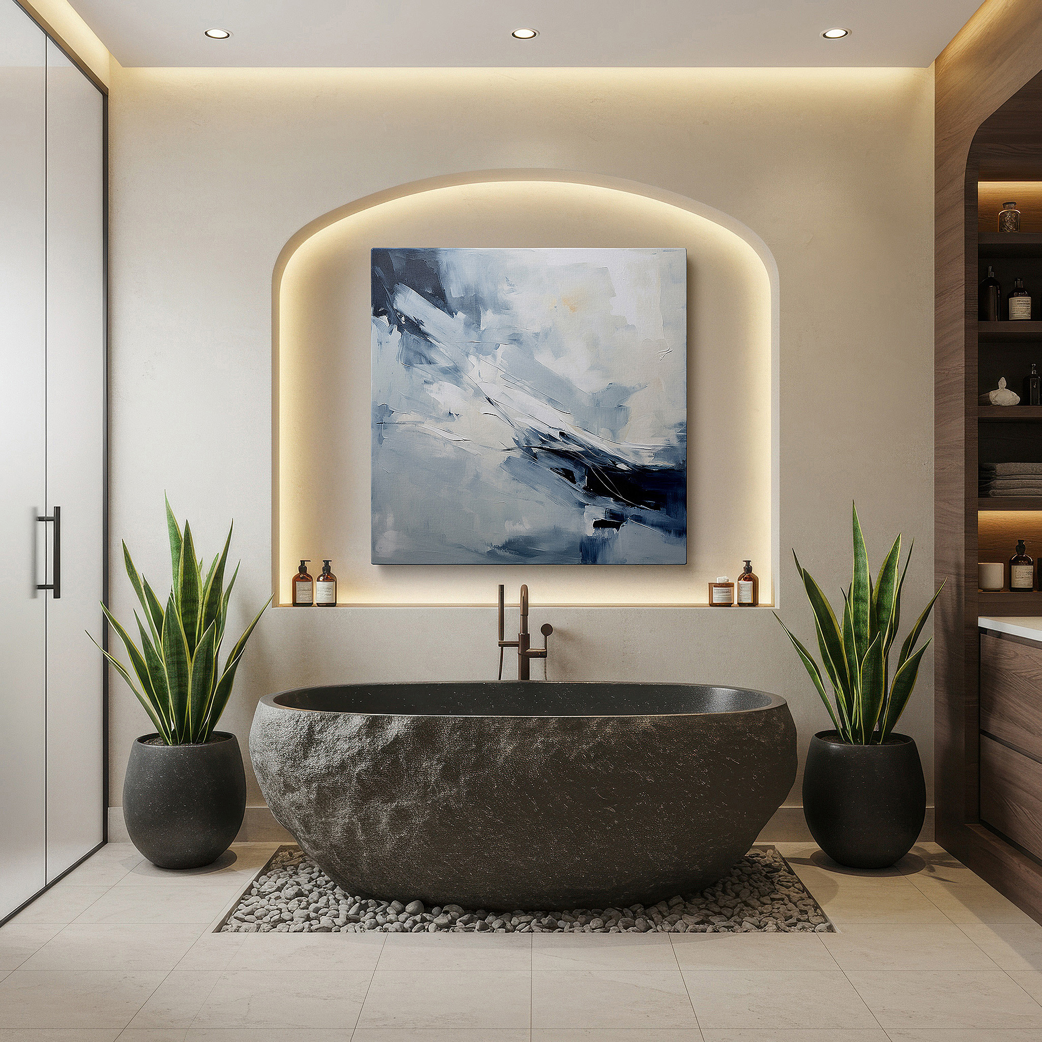 Displayed above a contemporary leather sofa in warm light — blue and white serenity dance, tranquil abstract masterpiece, large canvas wall art for office and bedroom decor