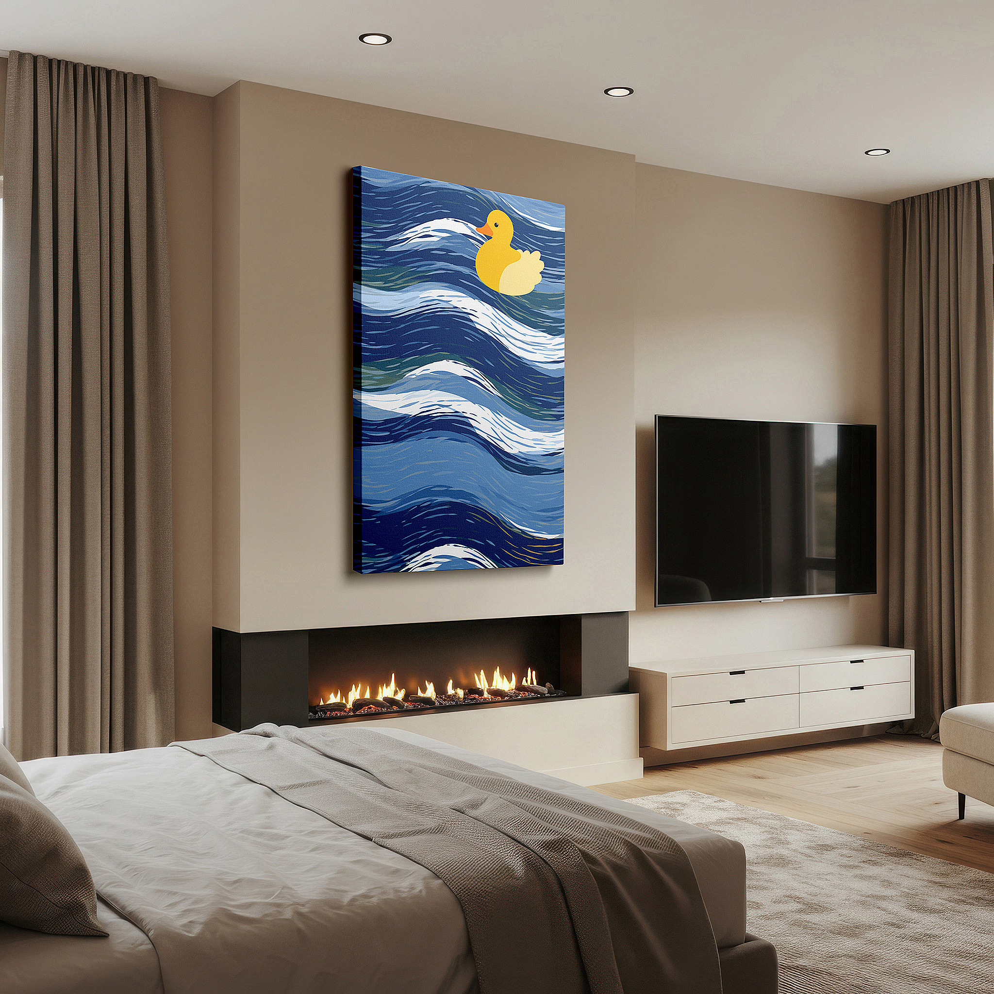 Displayed above a contemporary leather sofa in warm light — bright yellow duck sailing on calm blue waters, representing happiness and optimism, large wall art, canvas wall art, wall decor, office wall art