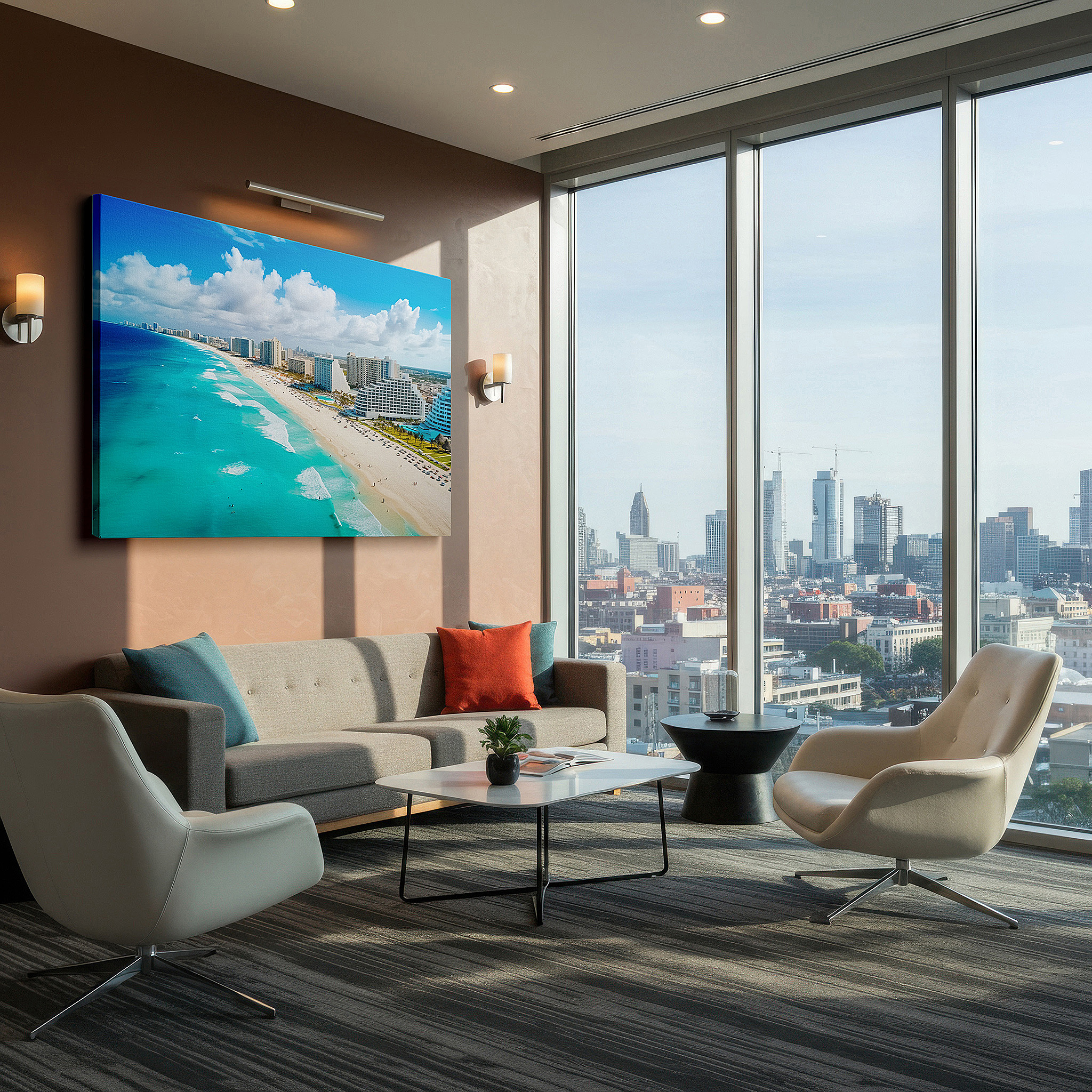 Displayed above a contemporary leather sofa in warm light — cancun's aerial splendor: beach paradise with lush resorts and turquoise waters - large canvas wall art for office decor