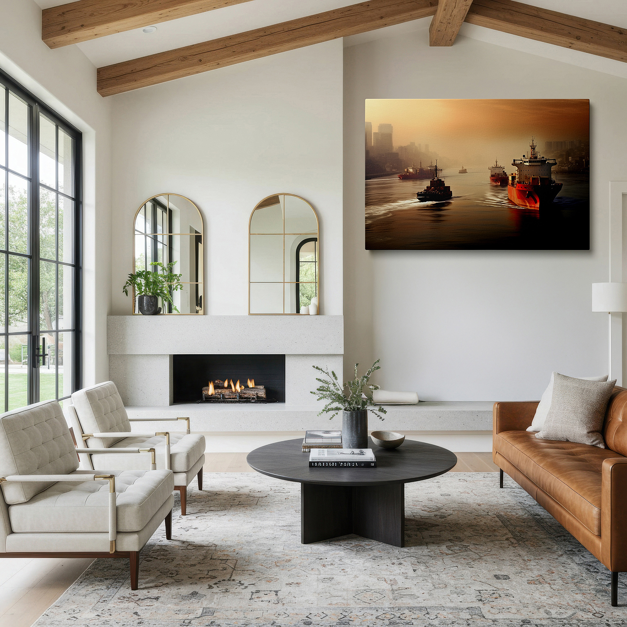 Displayed above a contemporary leather sofa in warm light — cargo ships at dusk: where industrial energy and scenic calm merge in a reflective waterway scene - large wall art, canvas wall art, wall decor for office